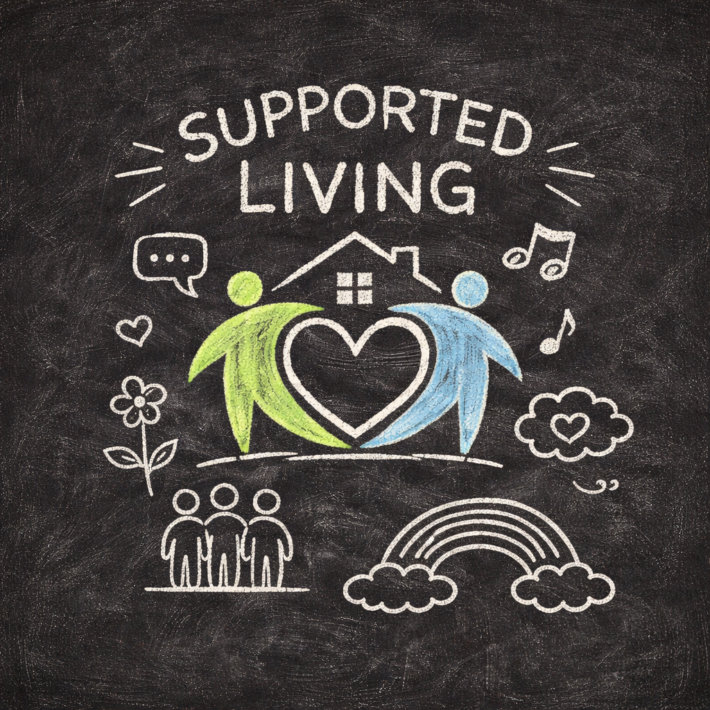 Supported living chalkboard illustration showing two people forming a heart beneath a home, representing inclusive housing, disability support, and community care.