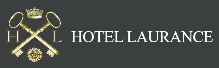Logo for Hotel Laurance featuring two gold crossed keys, a gold crown above, and a gold flower below, with the hotel name in white on a dark background.