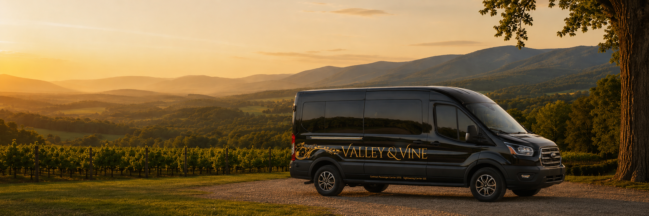 A black van with gold lettering reading 'Valley & Vine' parked on a dirt path beside a vineyard during sunset. The landscape includes rolling hills and a large tree on the right side.