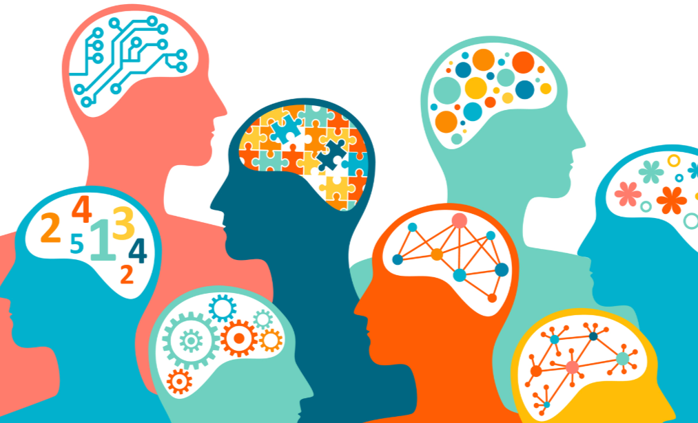 Minimalist digital illustration of a woman's profile with a visible brain, set against a soft background, with layered colors highlighting different parts of her head and face.