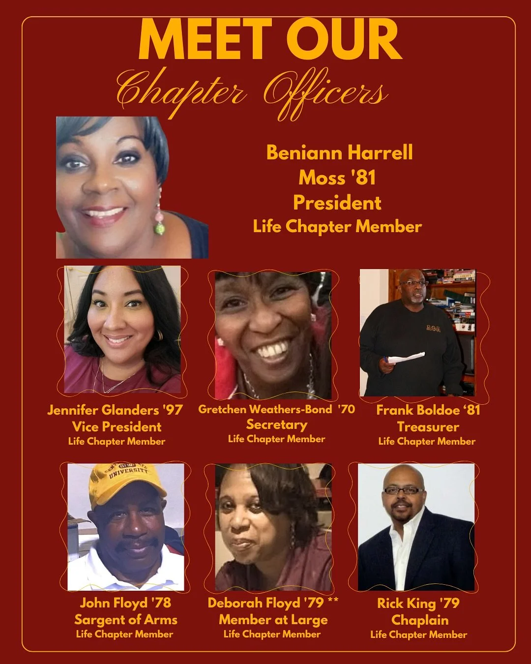 Coming out of a really energizing Chapter Meeting&hearts;️💛

We wanted to take some time to introduce our Chapter Officers and share a little bit about the DFW CSU Alumni Association. 

As we continue to grow and strengthen our presence across the m