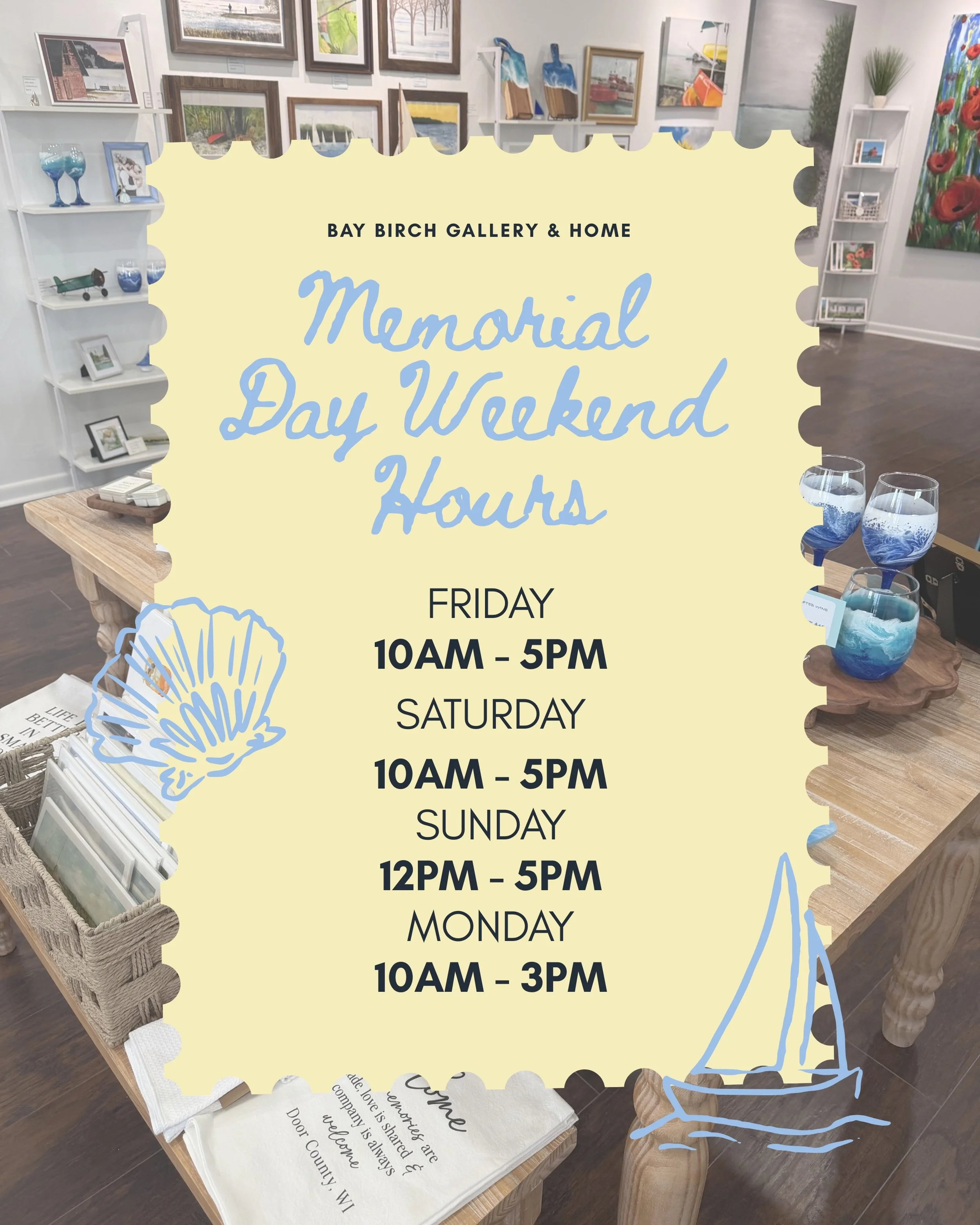 Our Memorial Day Weekend hours! Come stop by and shop while you&rsquo;re out enjoying your holiday weekend in @sisterbaydoorco!