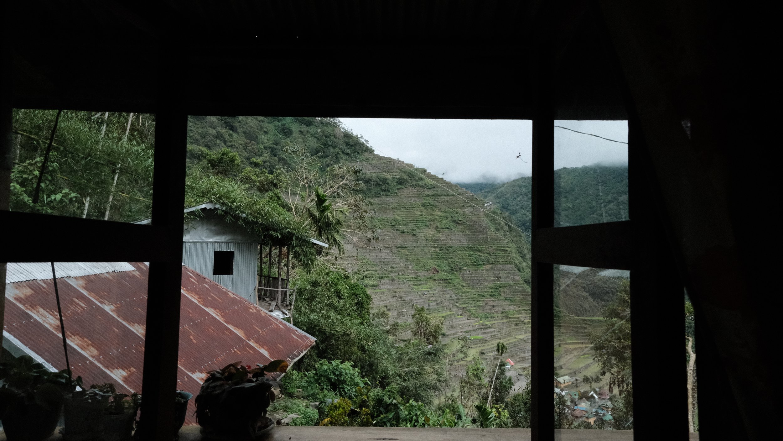 Ventana abierta con terrazas de arroz en el fondo.