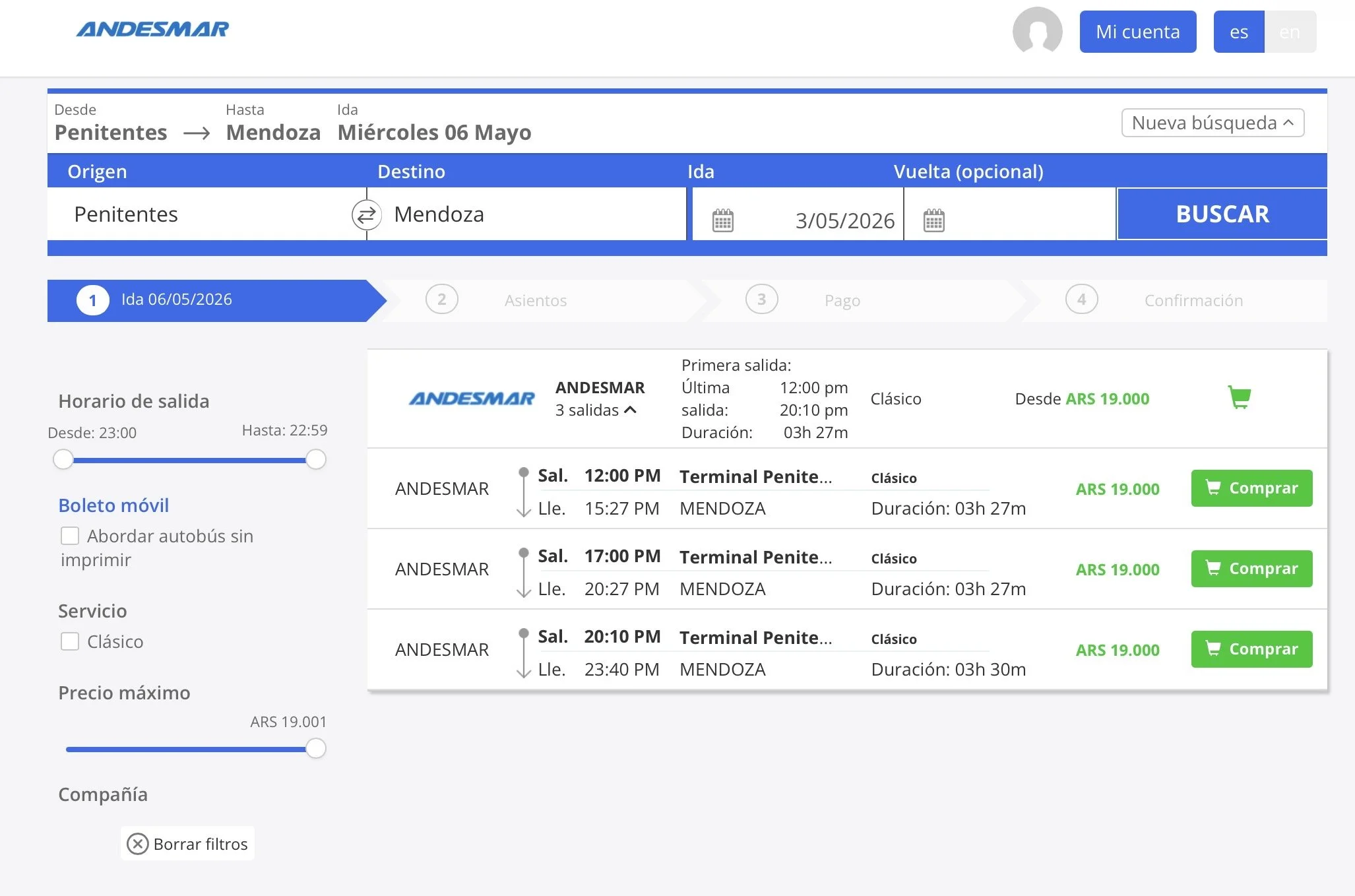 Captura de pantalla con los horarios de bus de Andesmar ruta Penitentes a Mendoza