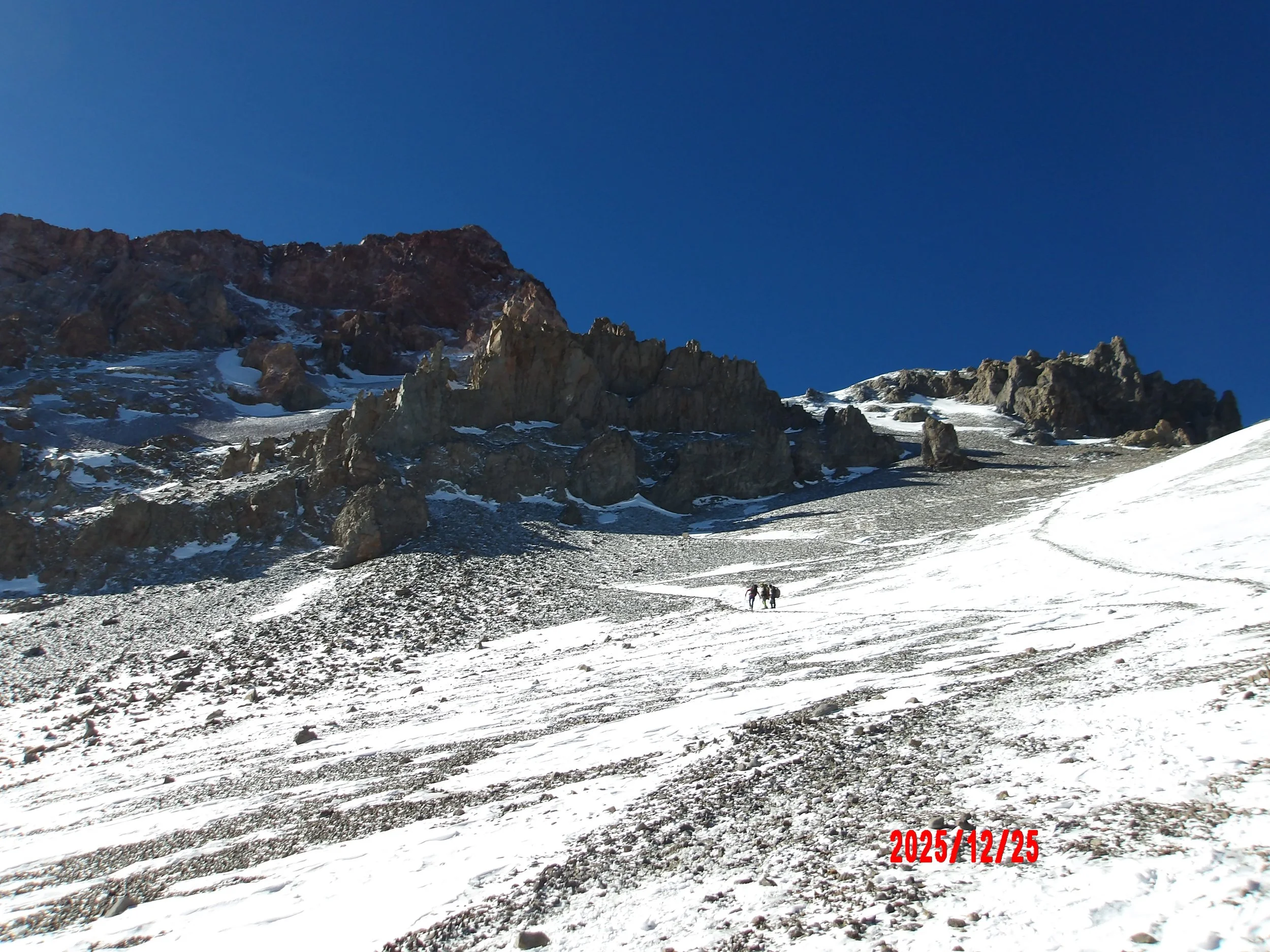 Personas caminando rumbo a la cumbre del Aconcagua.