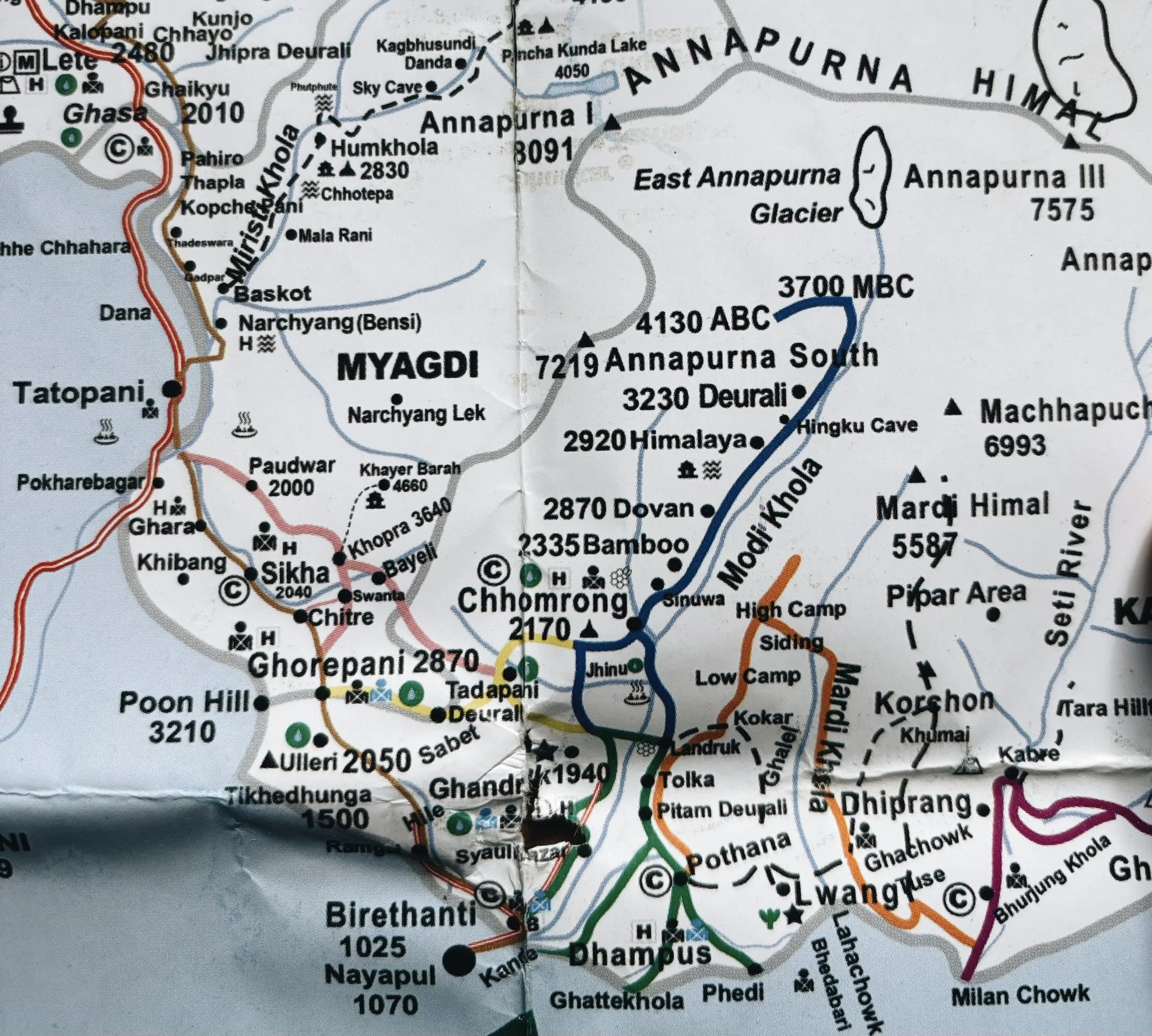 Mapa del trek al campamento base del Annapurna