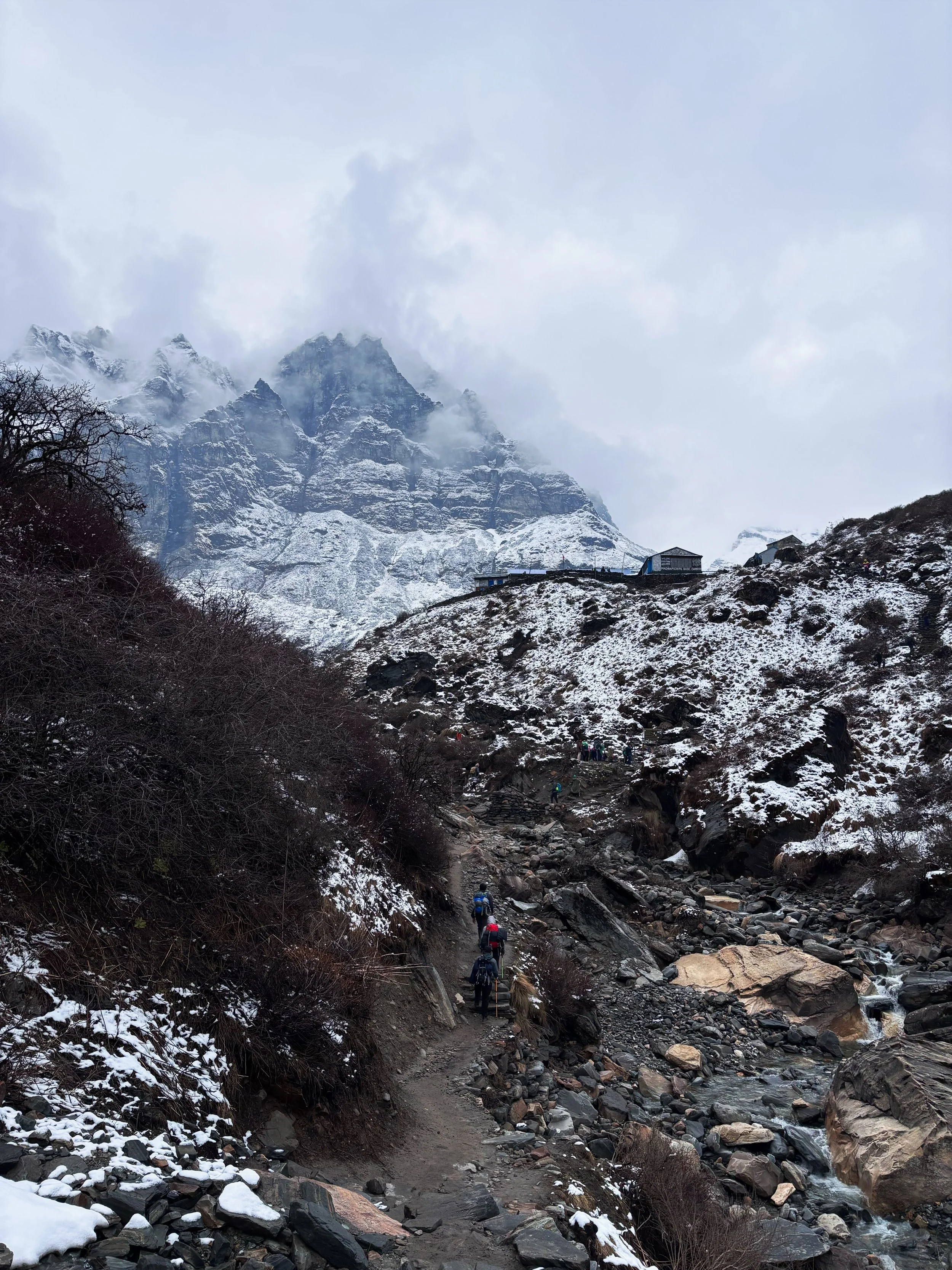 Sendero con montañas al fondo en el trek al campamento base del Annapurna