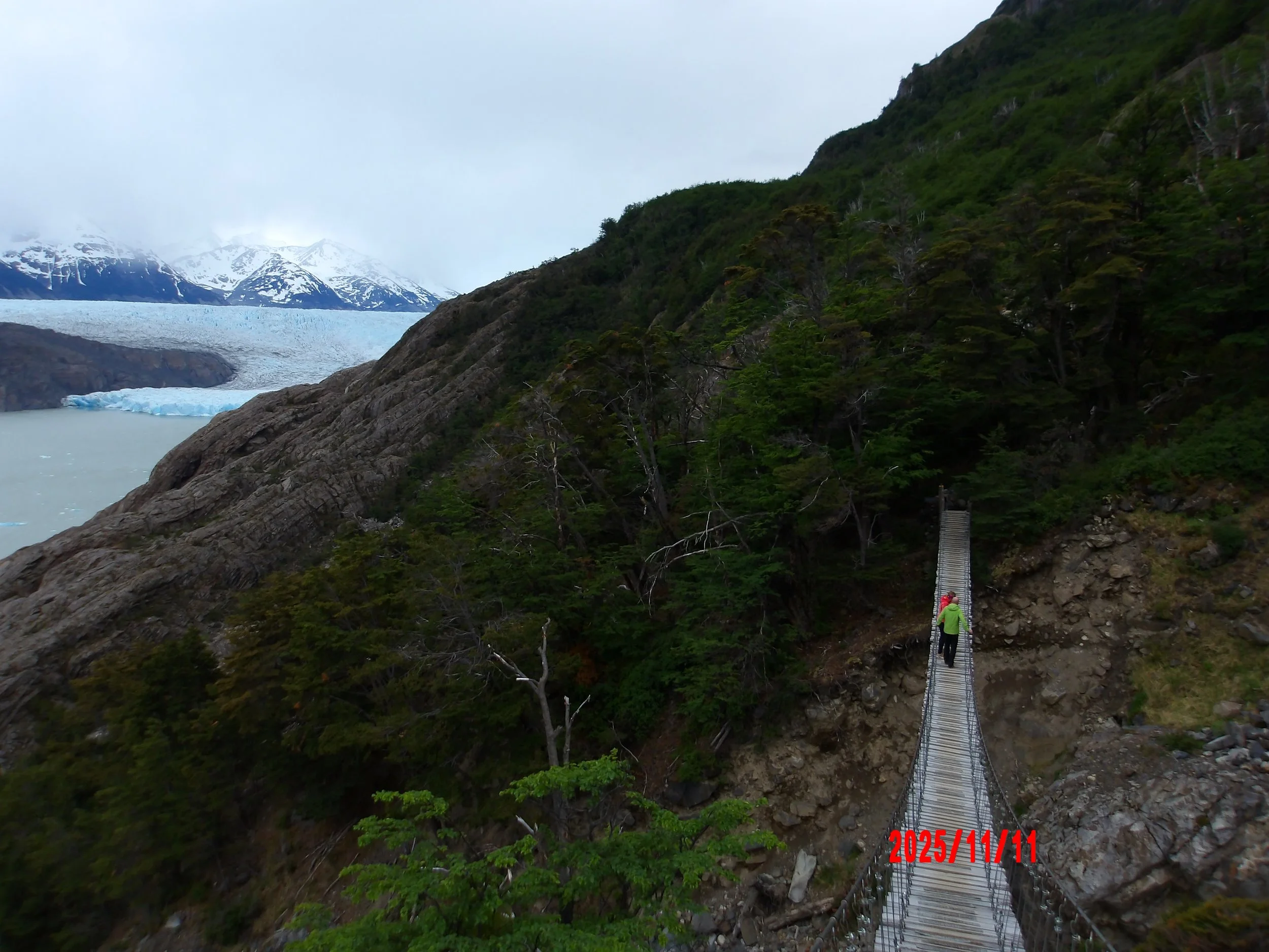 Puente colgante y Glaciar Grey en Torres del Paine, Patagonia, Chile.