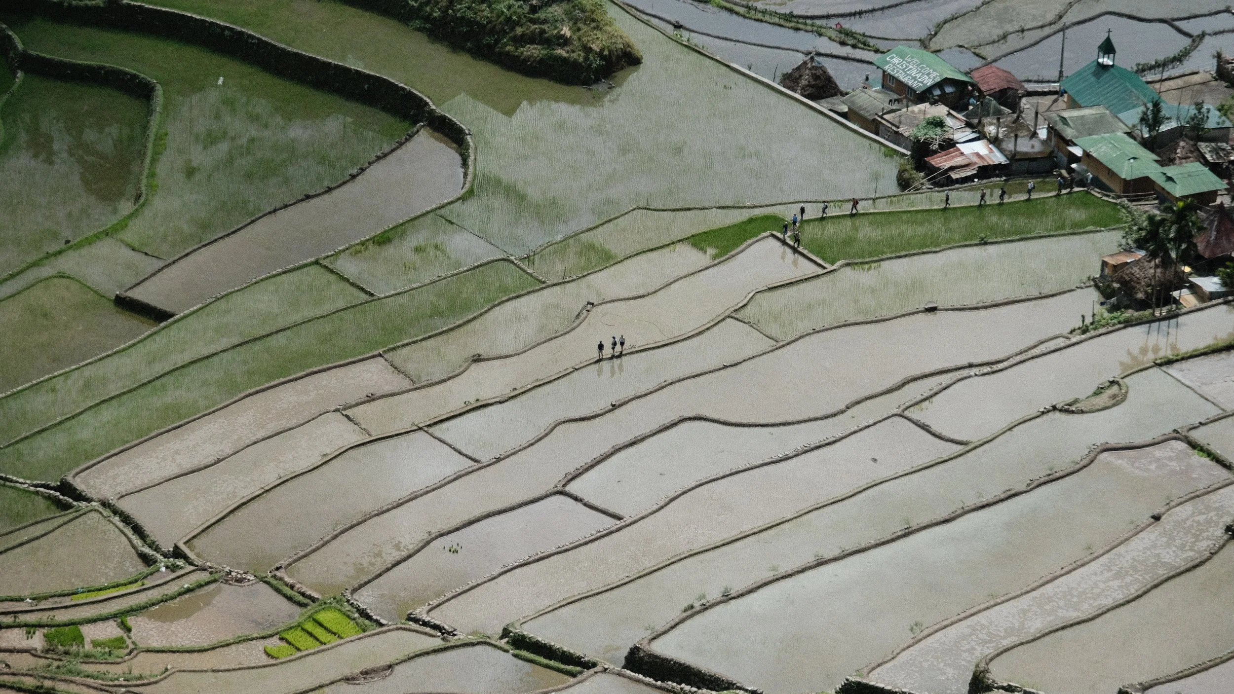 Terrazas de arroz de Batad en las Filipinas (Batad Rice terraces) con personas caminando.