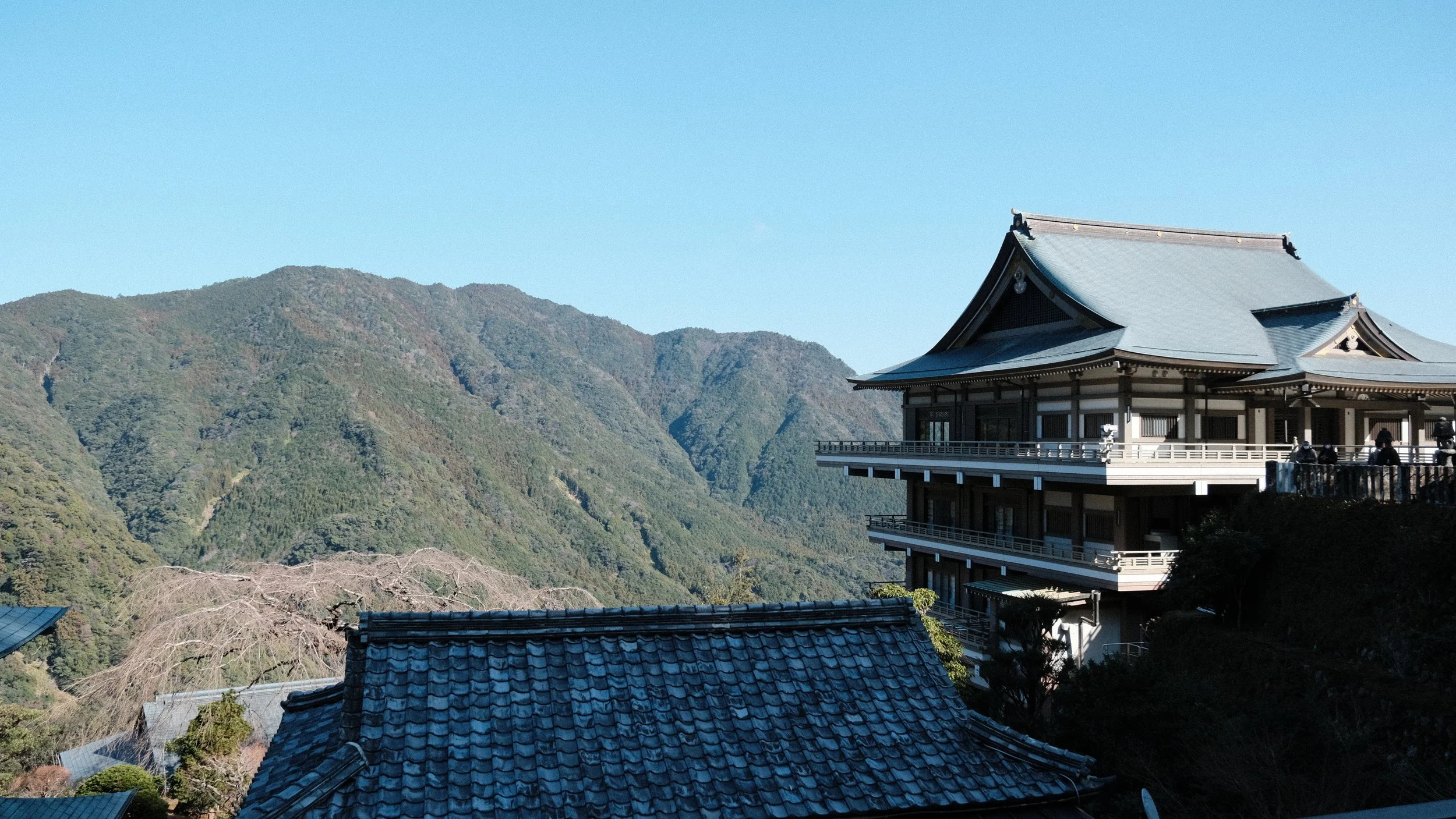 Templo japonés con montañas al fondo.