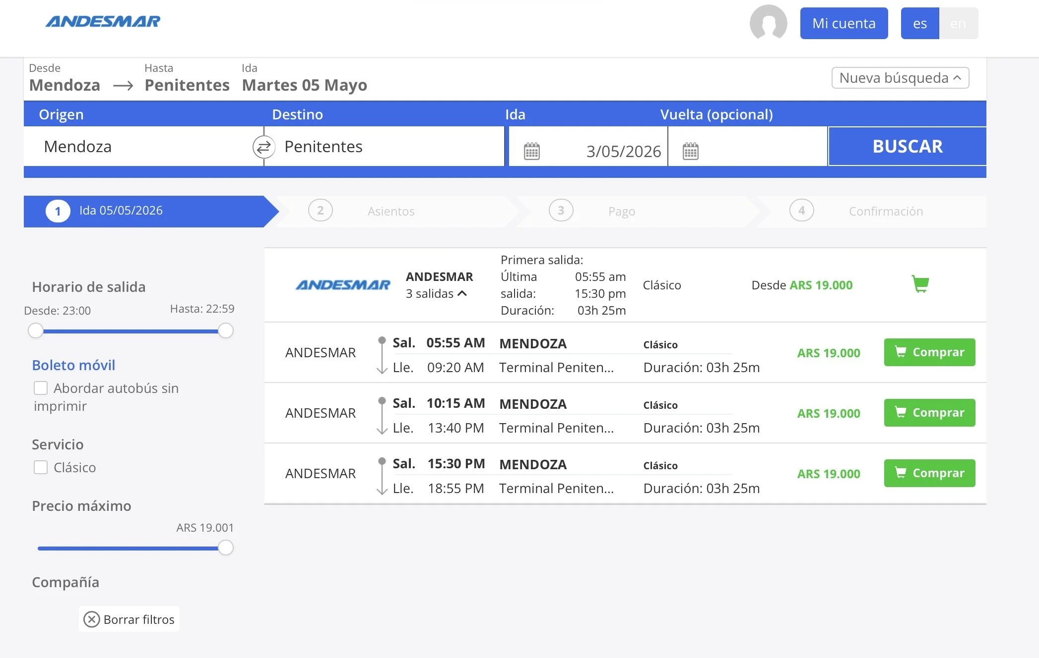 Captura de pantalla con los horarios de bus de Andesmar ruta Mendoza a Penitentes