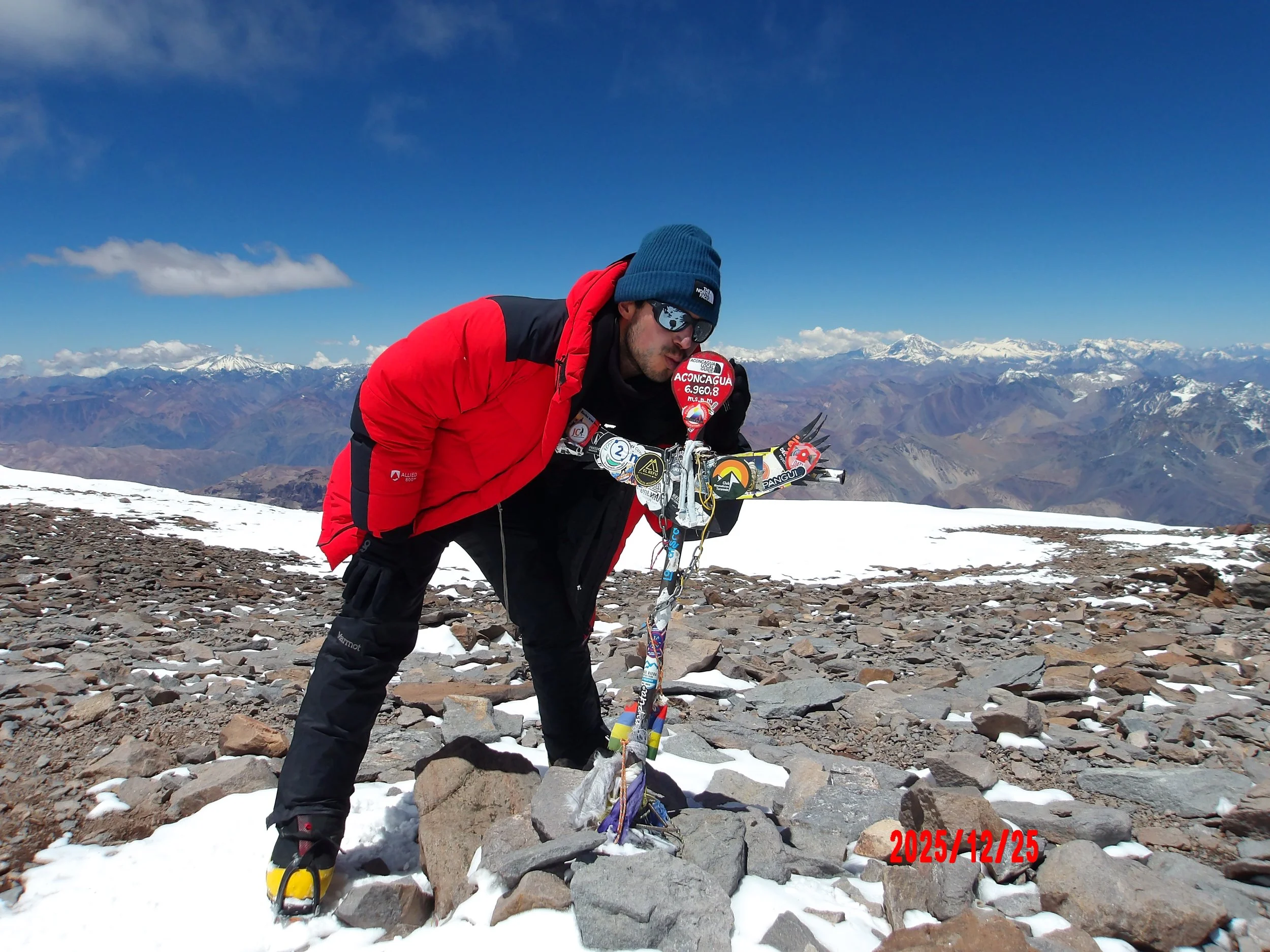 Foto en la cumbre del Aconcagua.