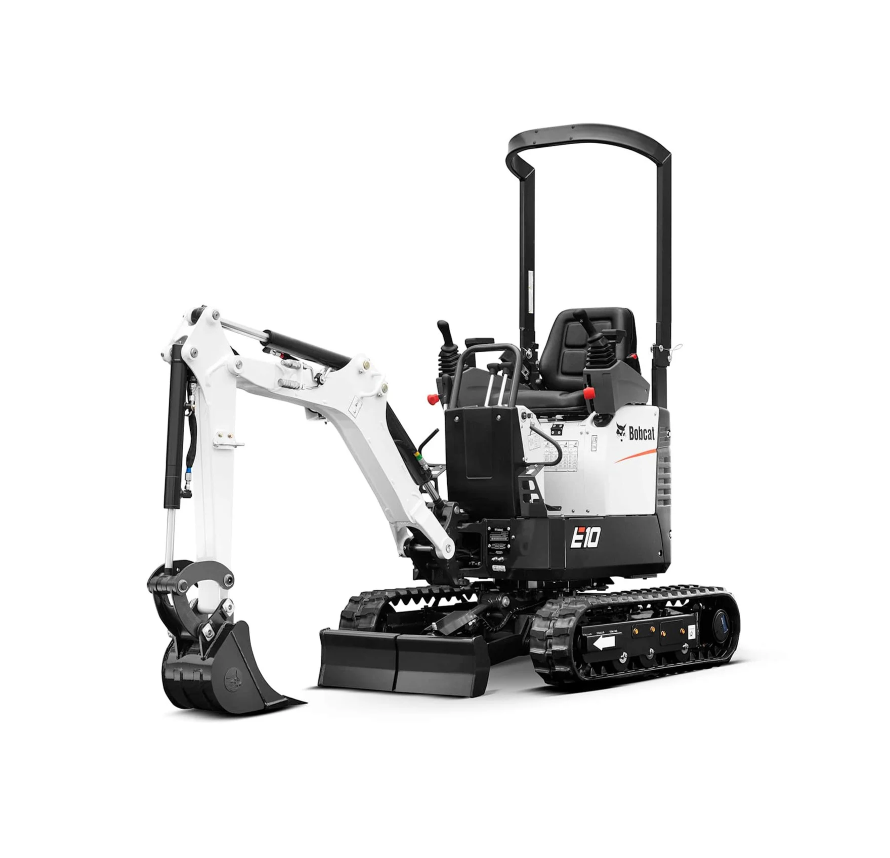 Small white and black mini excavator with tracked wheels, hydraulic arm, and bucket attachment, branded Bobcat.