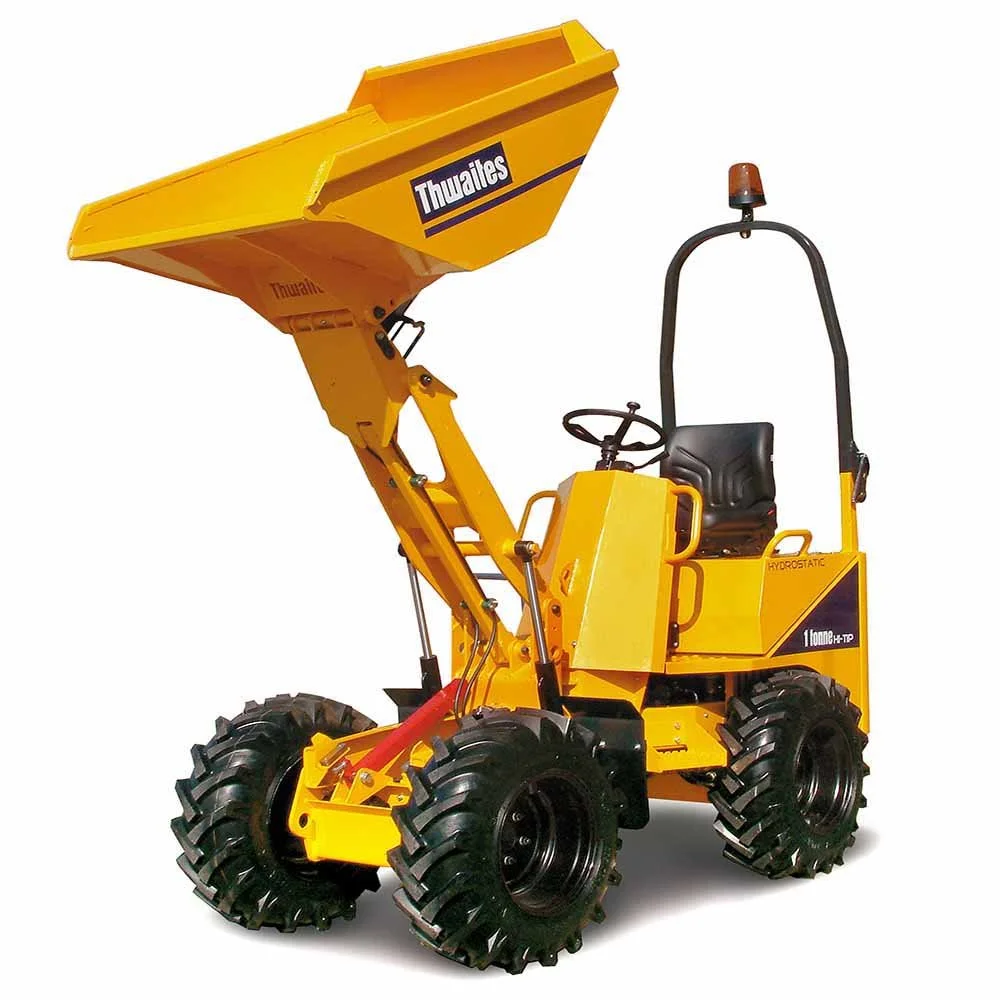 Yellow Thwaites mini dumper with large rugged tires and an open operator's seat, equipped with a safety bar and a warning light on top.