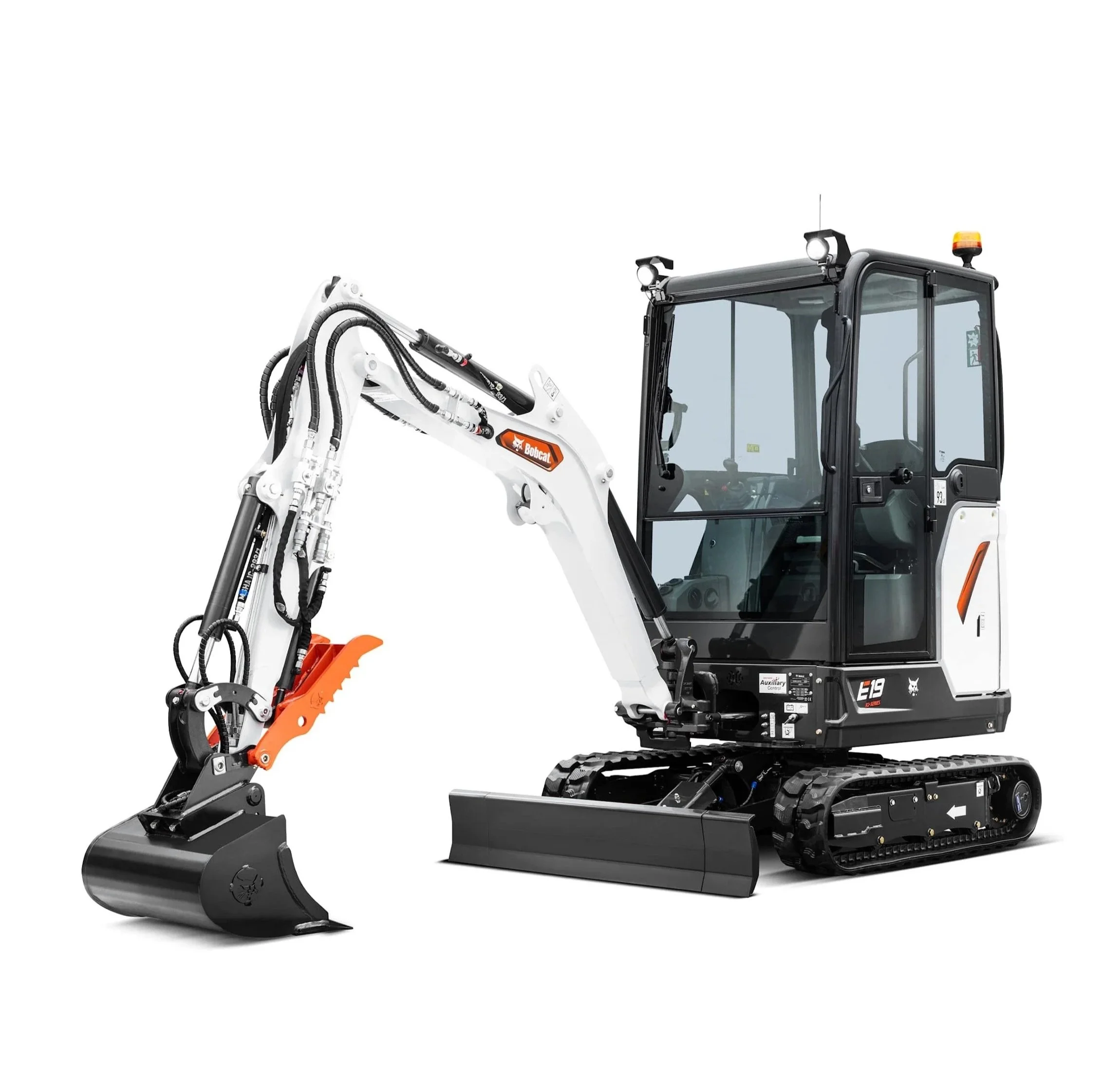 Small excavator with a white and black body, enclosed cab, and tracked wheels, equipped with a digging arm and bucket.