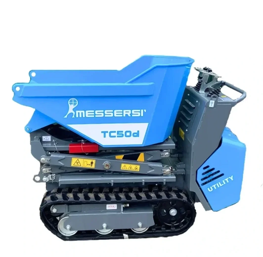 Blue mini bulldozer with tracks labeled PRESSERS and TC50d, used for construction or utility work.