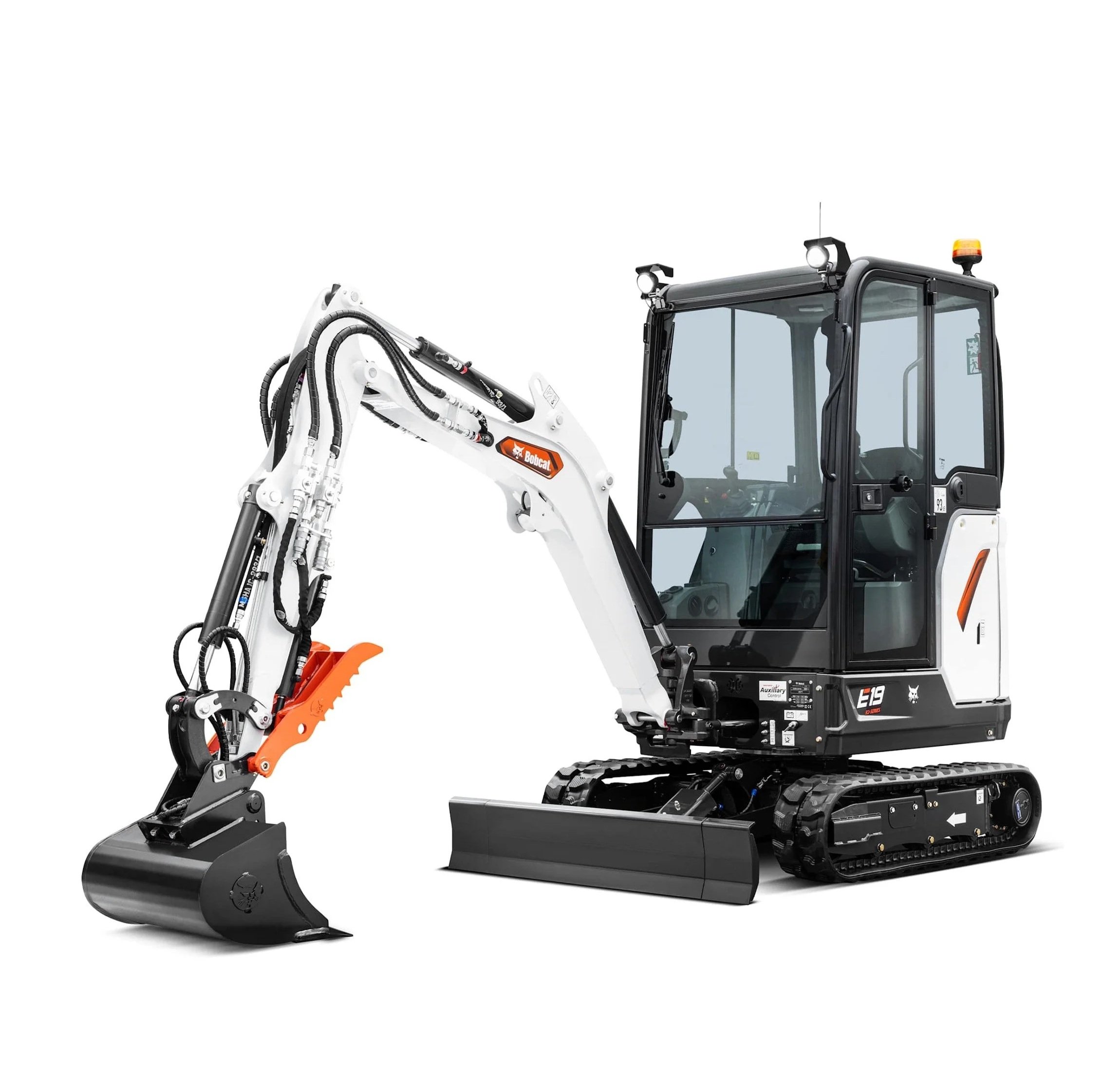 Compact excavator with tracked wheels, enclosed cab, hydraulic arm, and bucket attachment.