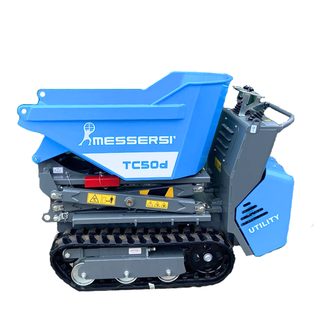 A blue Messersi TC50d remote-controlled tracked dumper vehicle with a tracked wheel base and a skip for carrying materials.