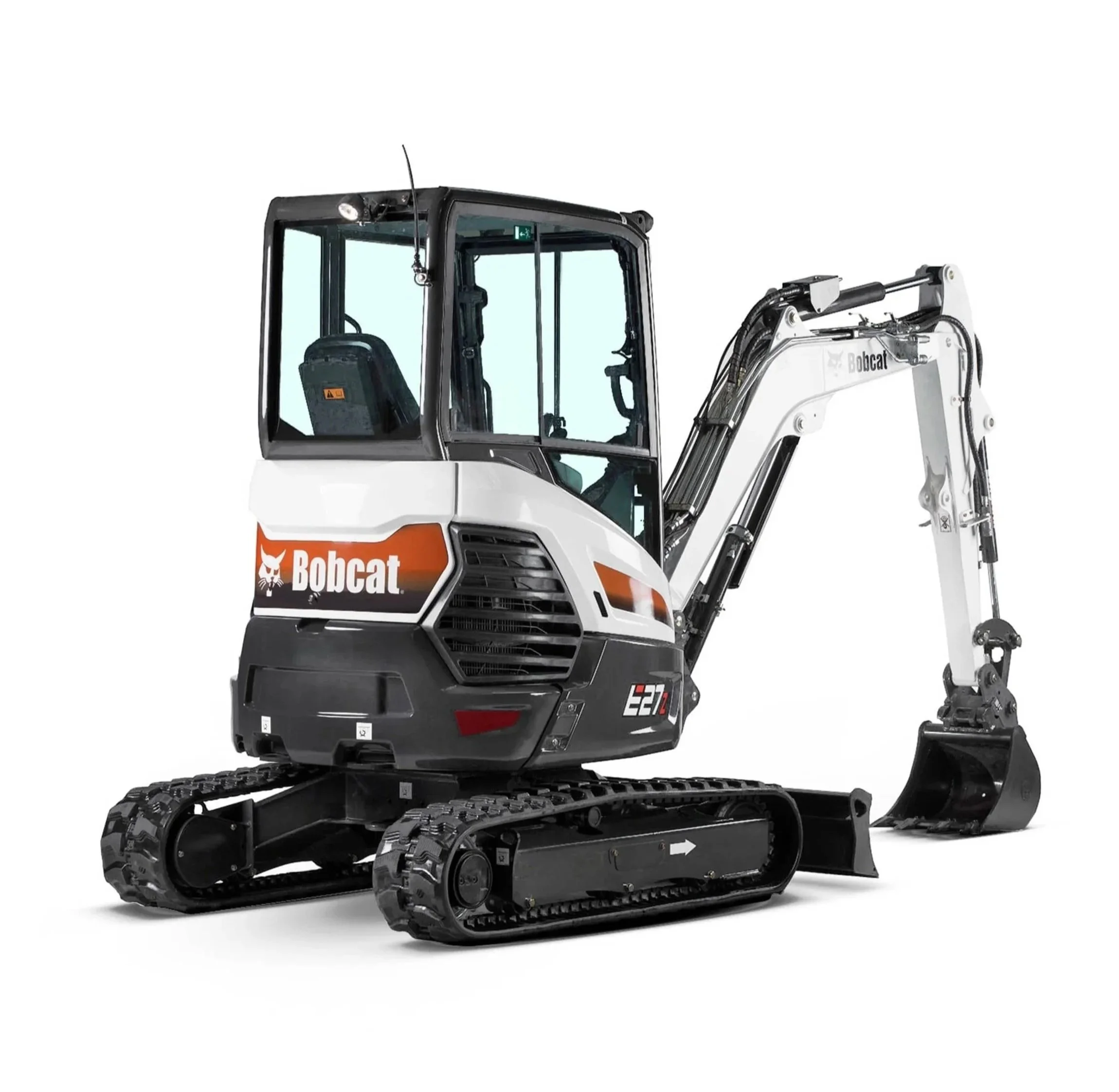 Small Bobcat mini excavator with tracked wheels, black and white body, orange accents, and a cab with glass windows.