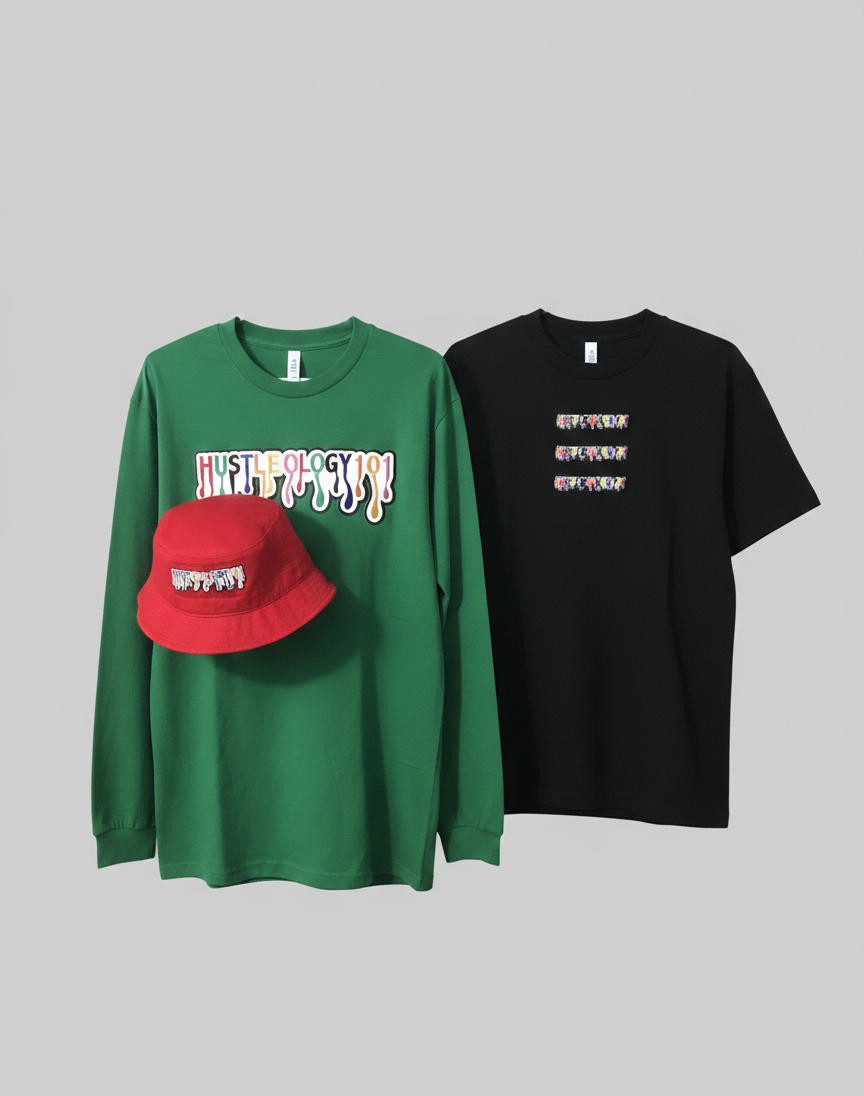Green long-sleeve shirt with colorful text, black T-shirt with glittery horizontal stripes, and red bucket hat with text.
