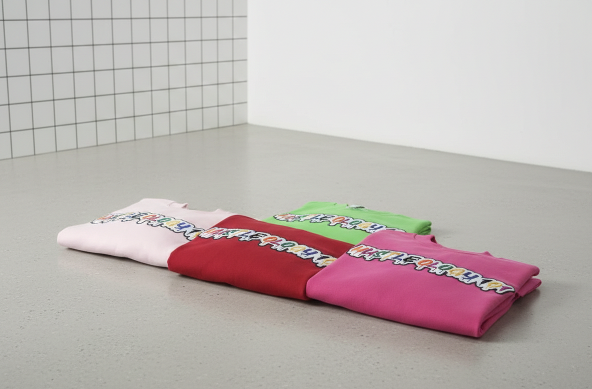 Four folded colorful sweatshirts with graphic designs, laid out on a gray surface against a white and tiled wall.