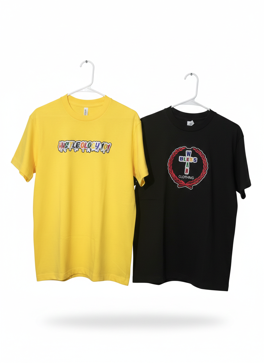 Two t-shirts hanging on white hangers against a plain white background. The left t-shirt is yellow with a colorful, embroidered phrase, and the right t-shirt is black with a graphic logo featuring a cross, laurel wreath, and the words 'W BLISS R COUTING'.