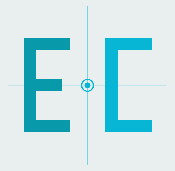 Large letter E on the left and letter C on the right, both in teal color, against a light background with guiding lines.