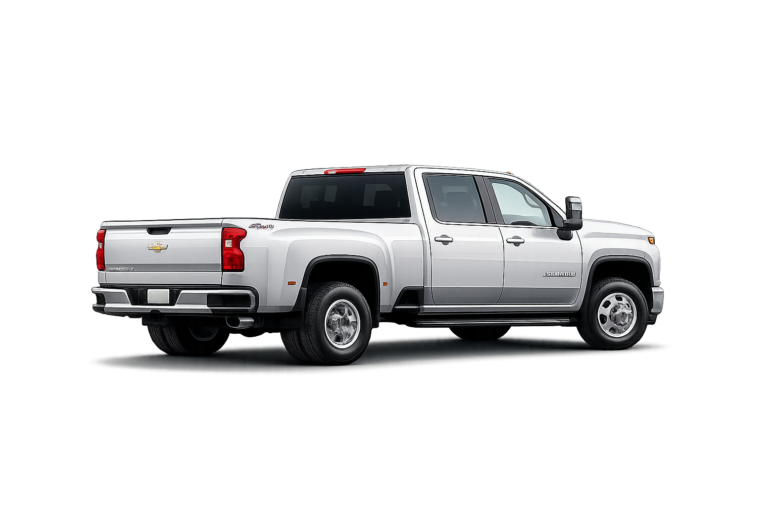 A silver Chevrolet Silverado pickup truck displayed against a dark background with colorful light streaks.