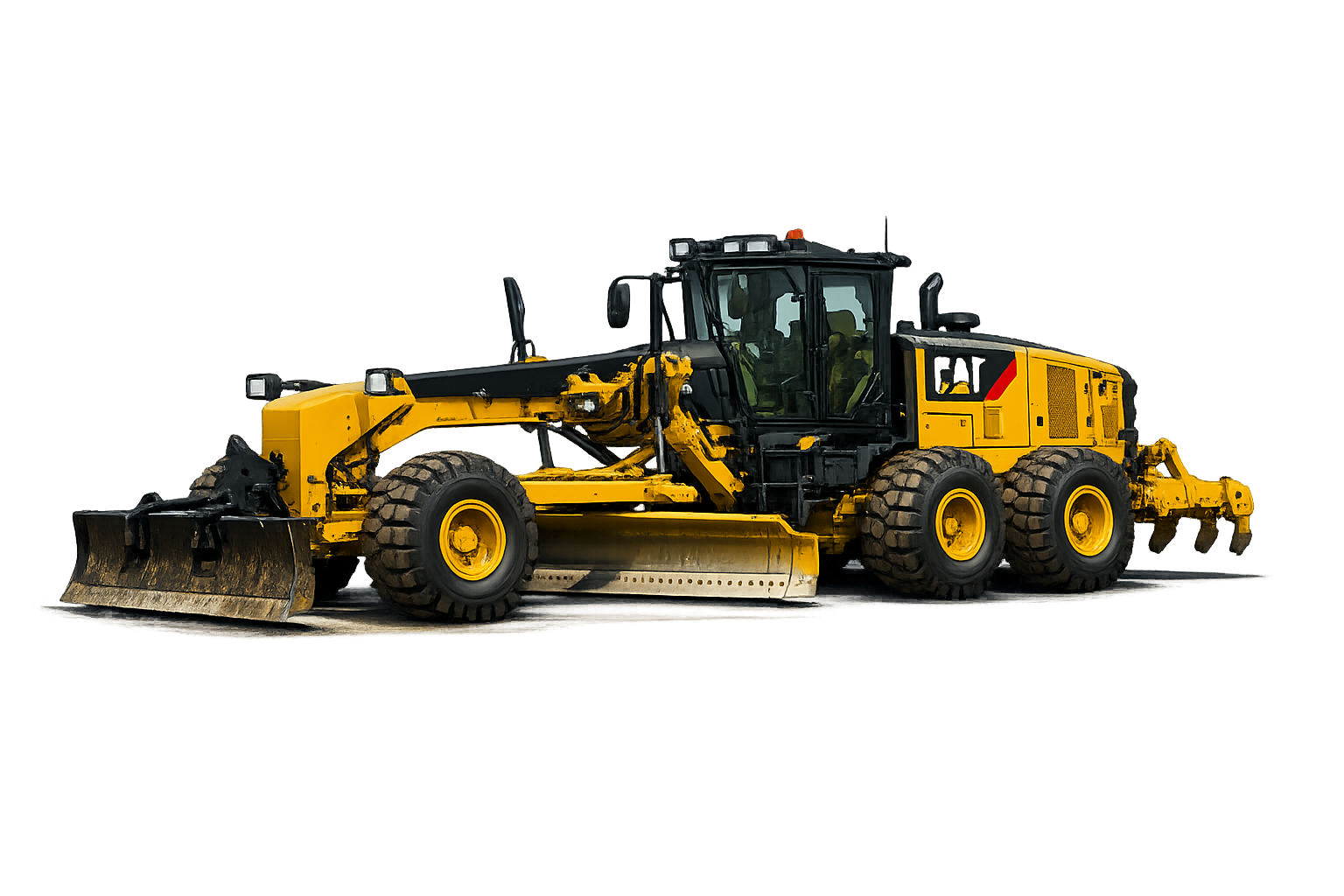 A large yellow road grader with black accents, parked on a neutral surface, with a colorful digital background consisting of red, pink, and dark hues.