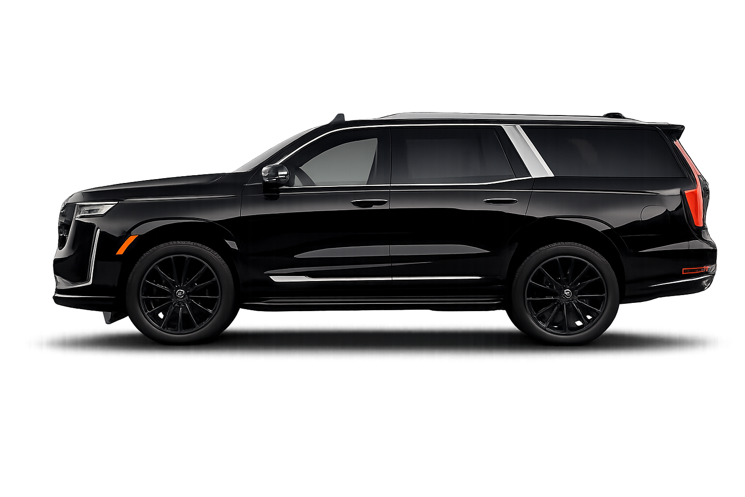 Black SUV car with tinted windows, sleek design, and black alloy wheels, parked against an abstract, colorful background.