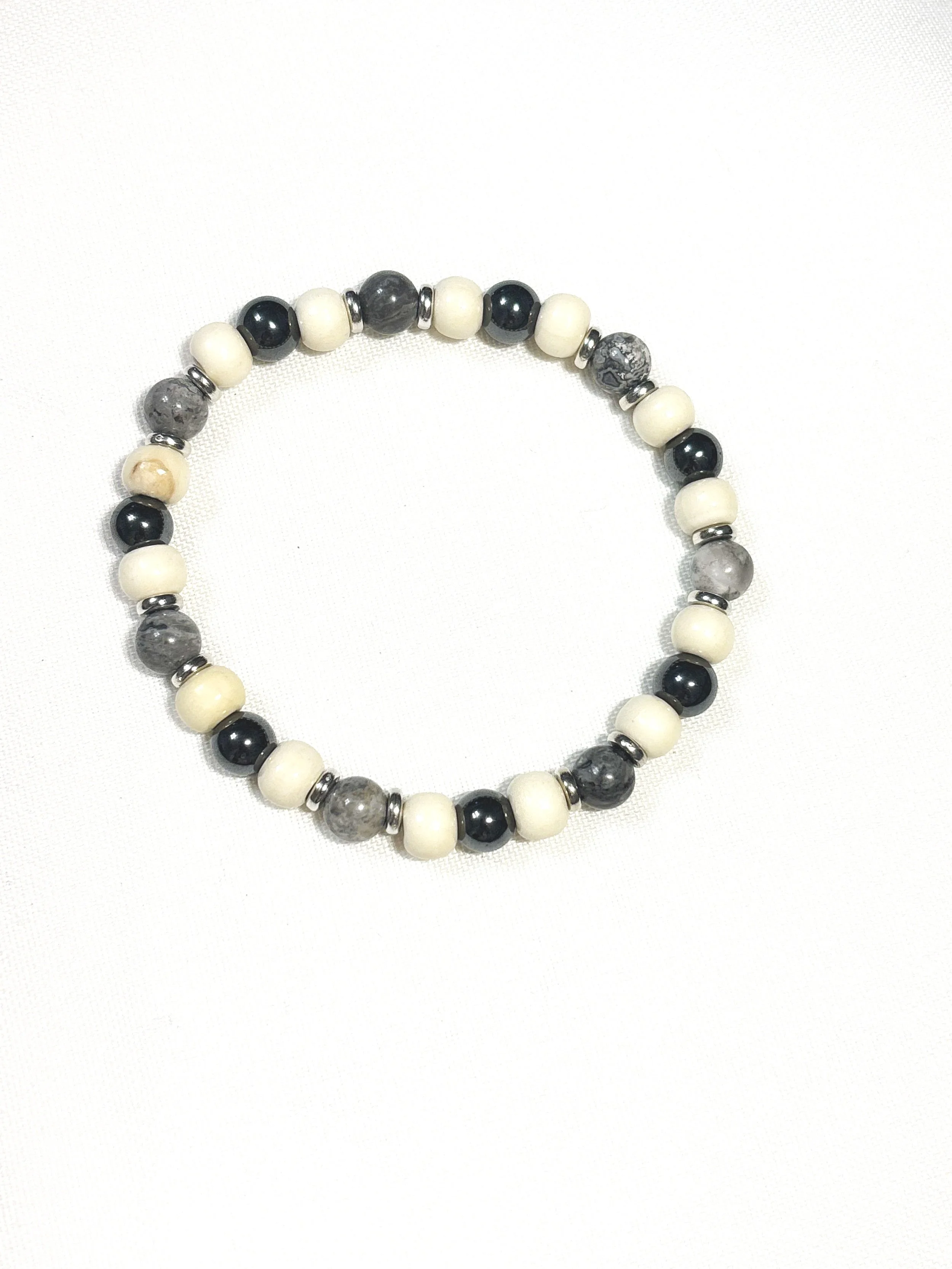 White wood beads with Hematite and Map Stone. 8mm