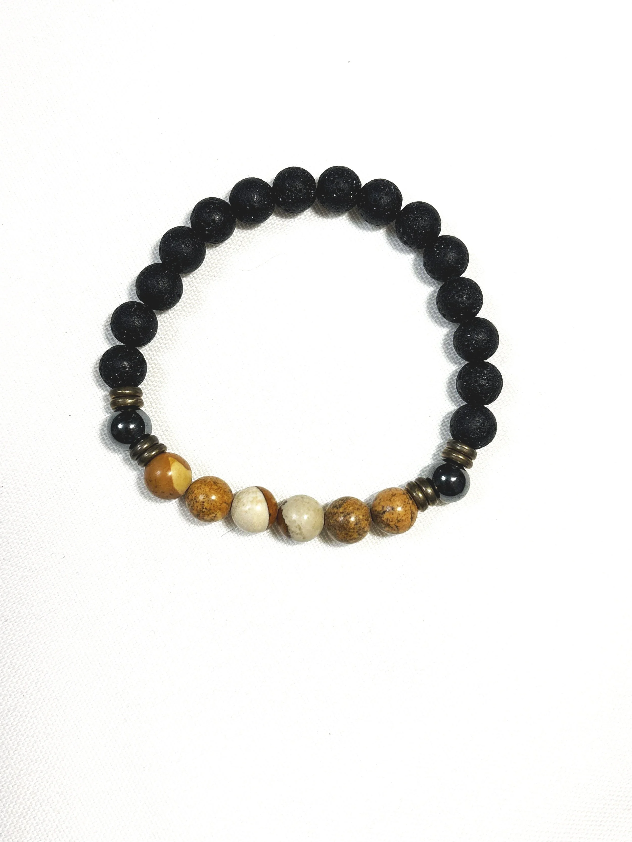 Black Lava Bead with Hematite and  Picture Jasper. 8mm