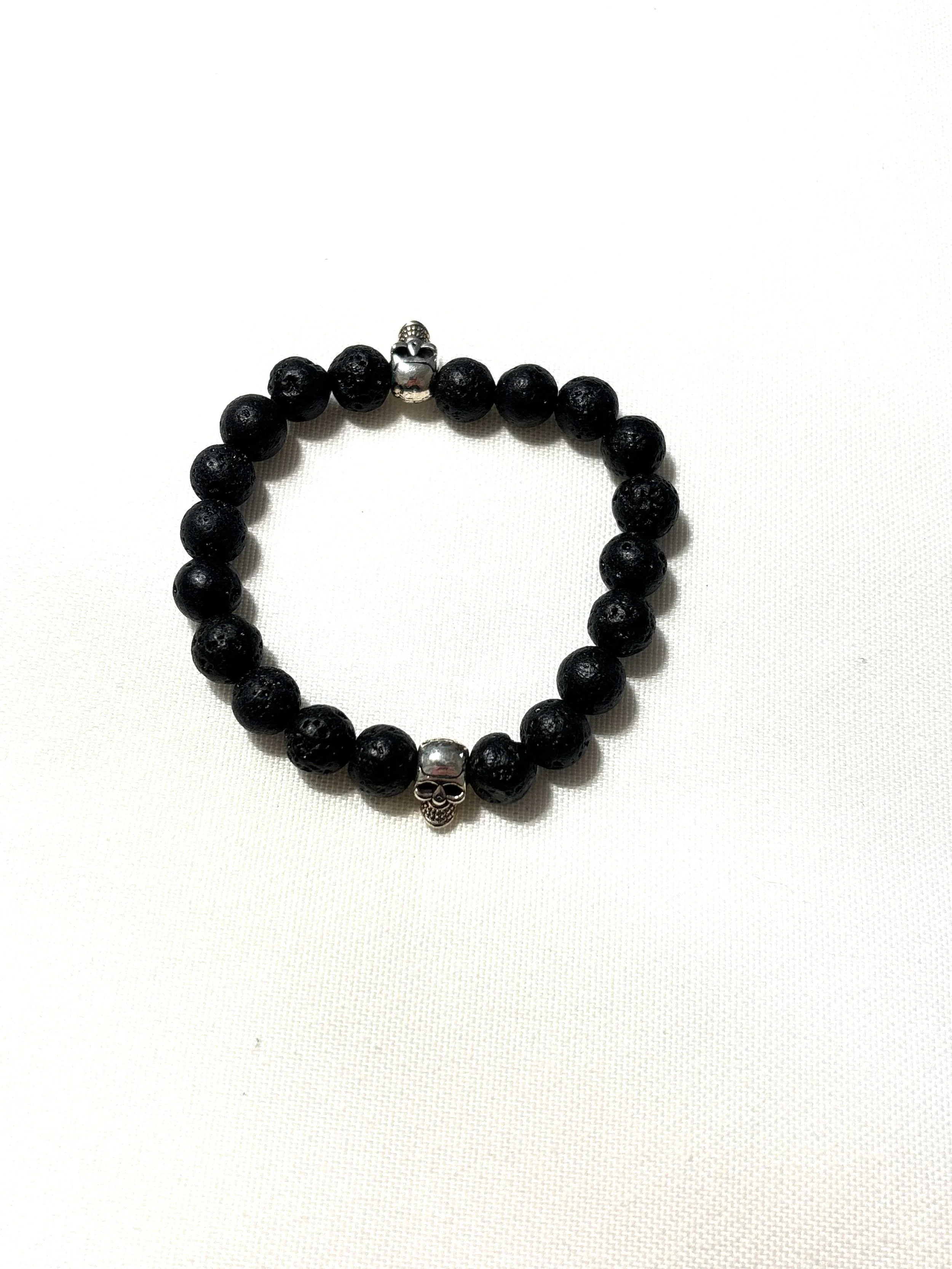 Black Lava Bead with Silver Skulls