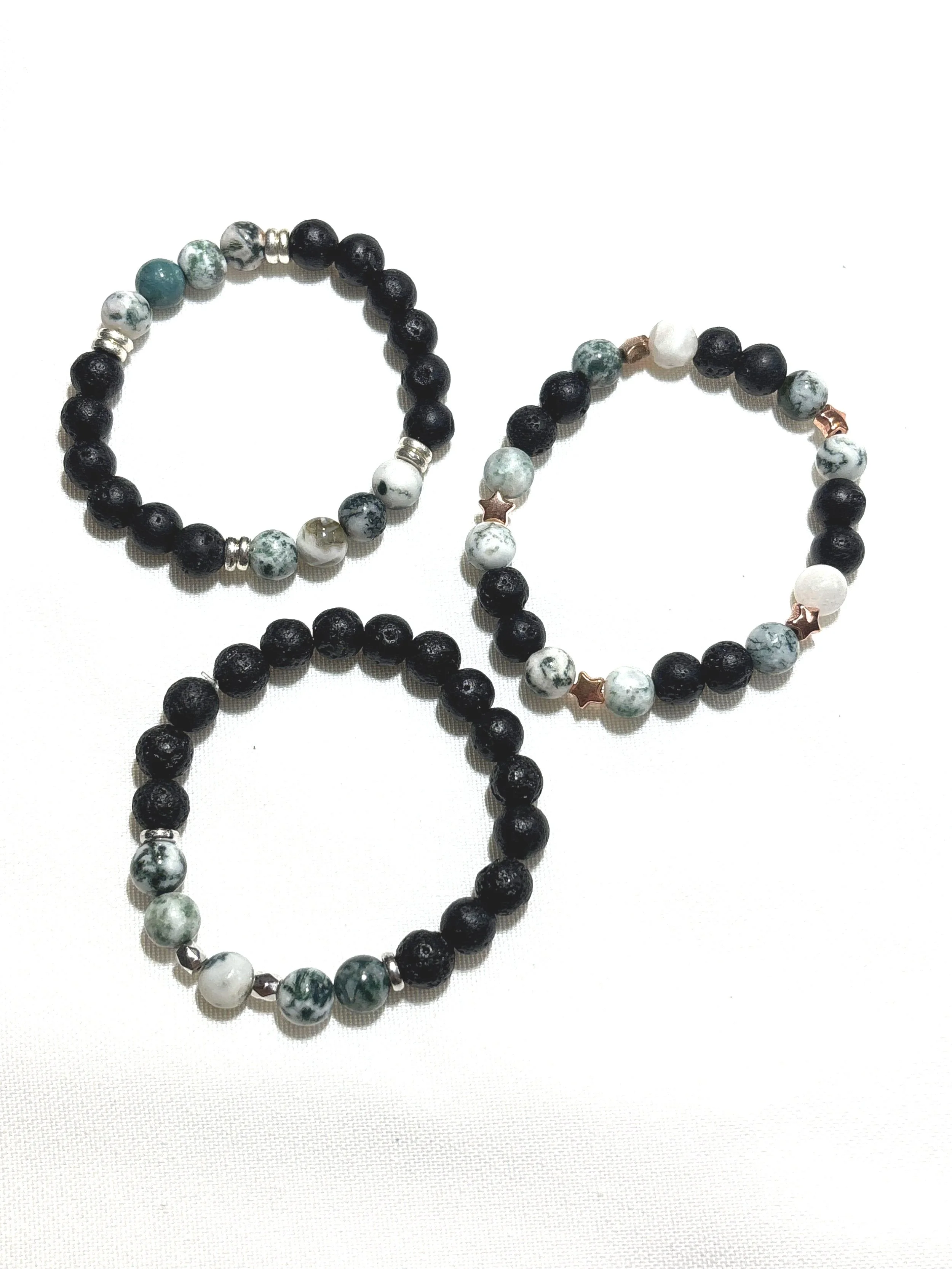 Black lava beads with moss agate