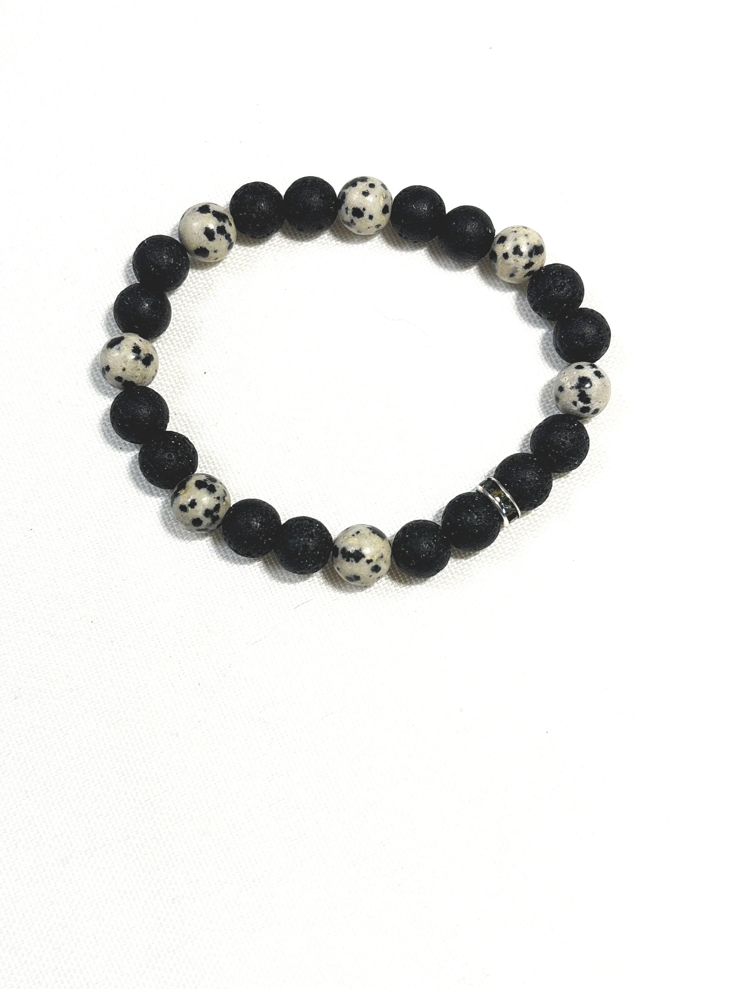 Black Lava Bead with Dalmatian Jasper. 8mm