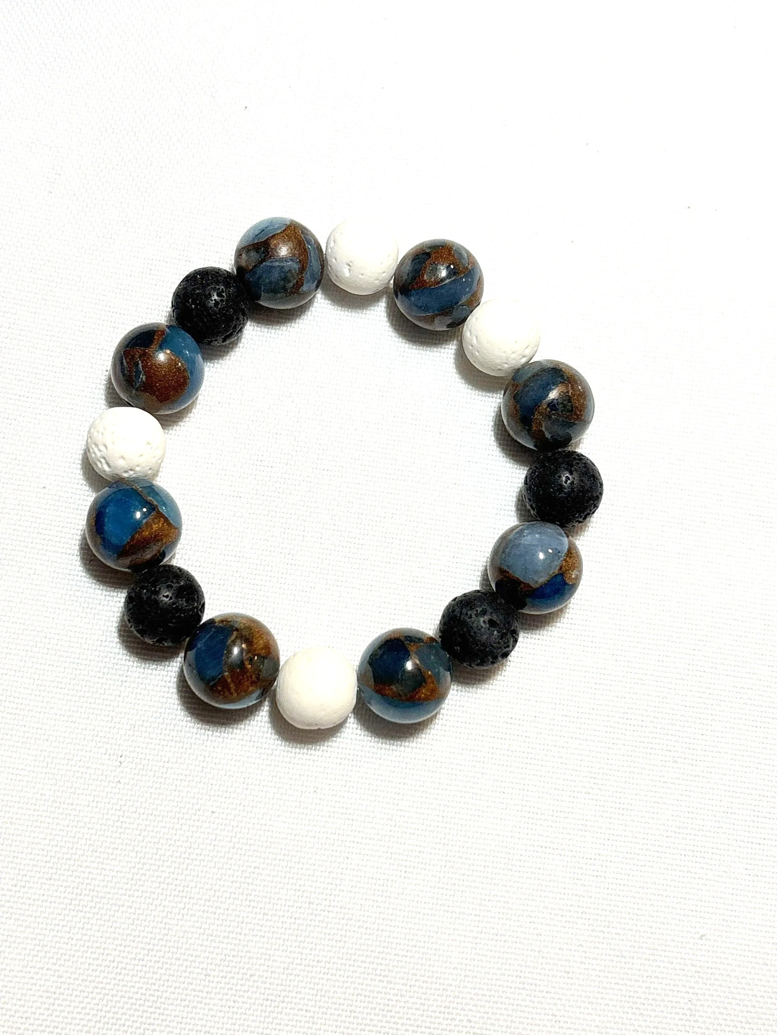 Black and white lava bead with blue and brown stone