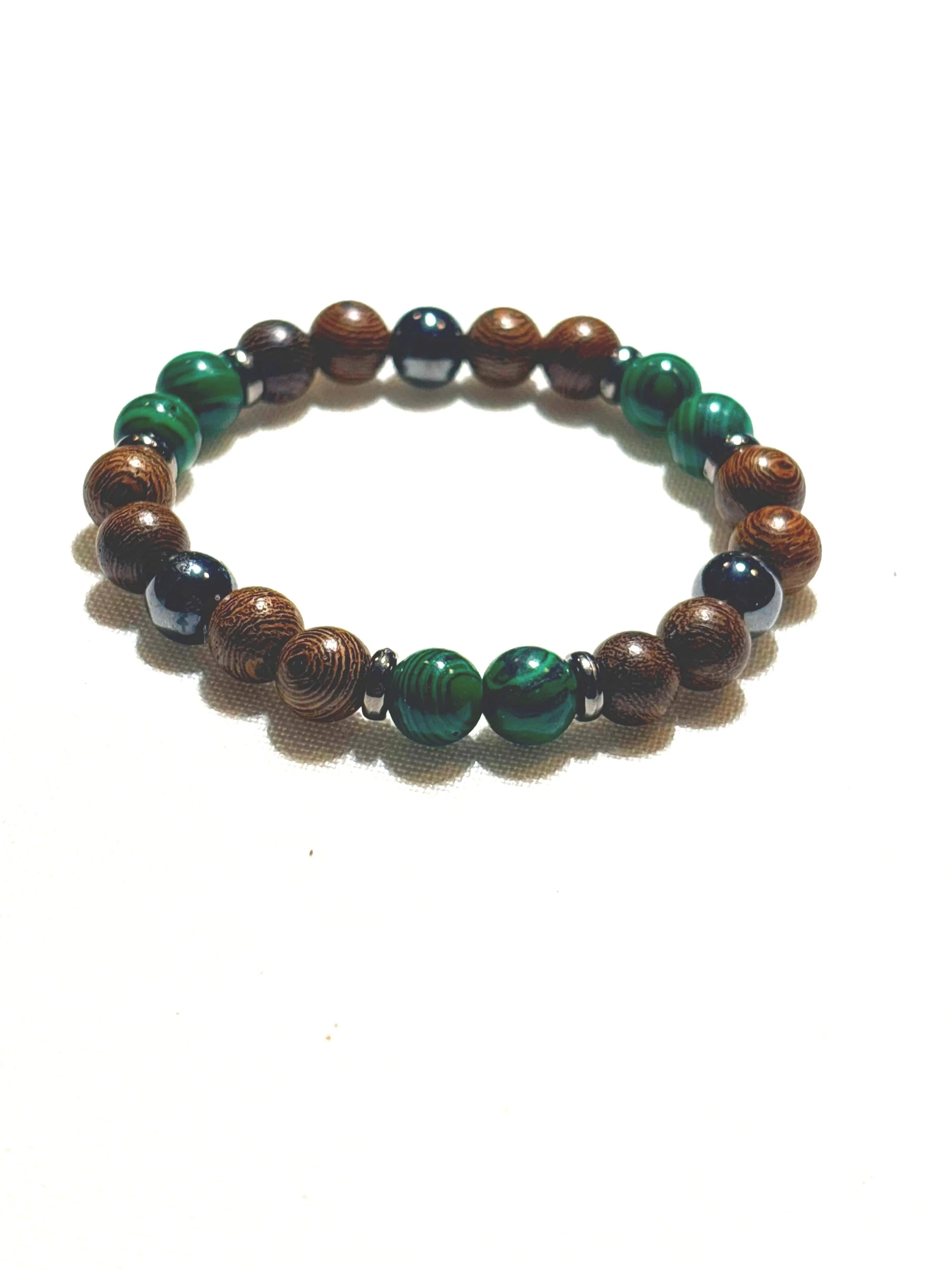 Dark Wood Beads, Hematite and Malachite. 8mm