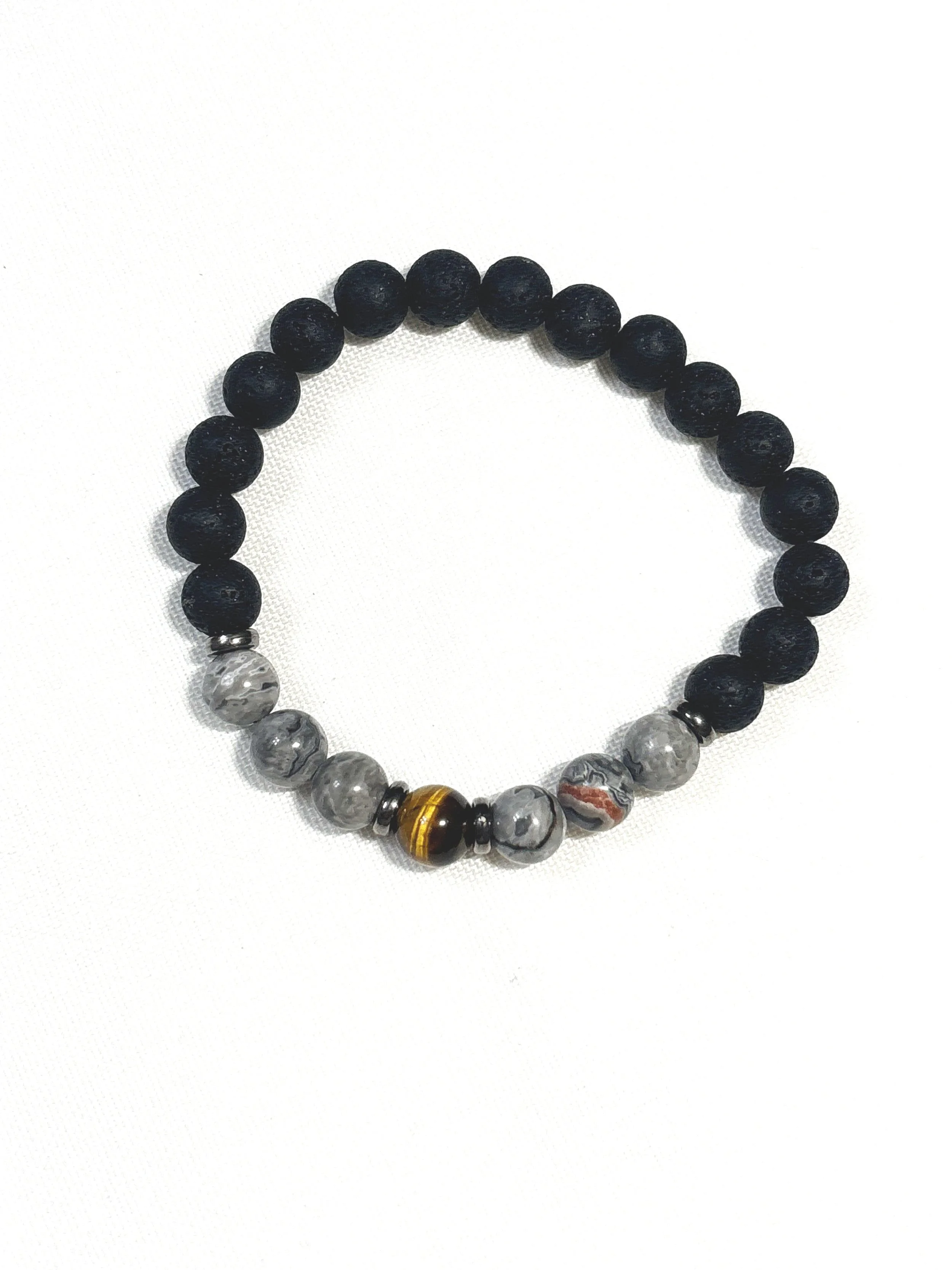 Black Lava Bead with Map Jasper and Tiger eye. 8mm