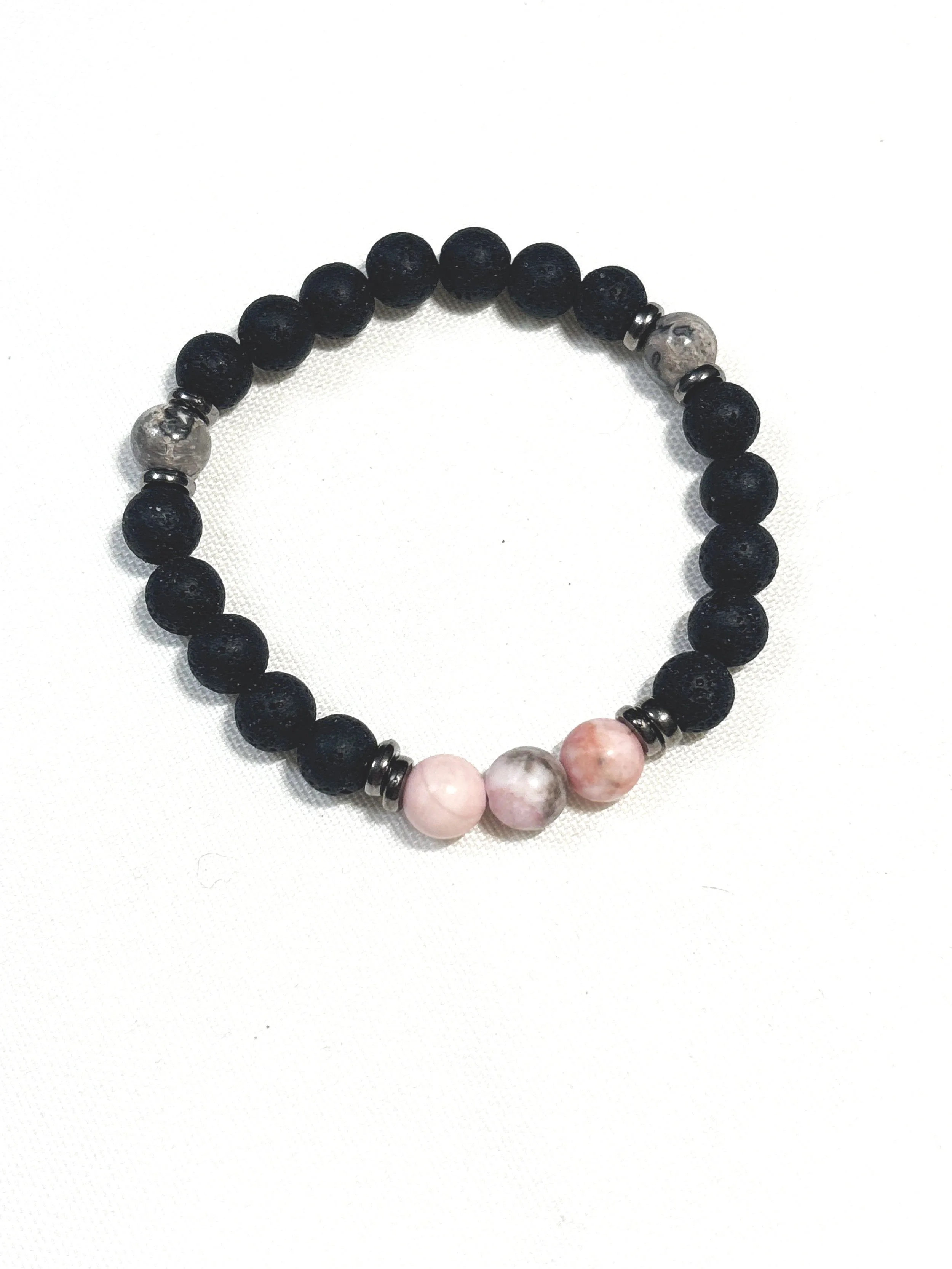 Black Lava Beads with Matte Pink Zebra and Map Stone. 8mm