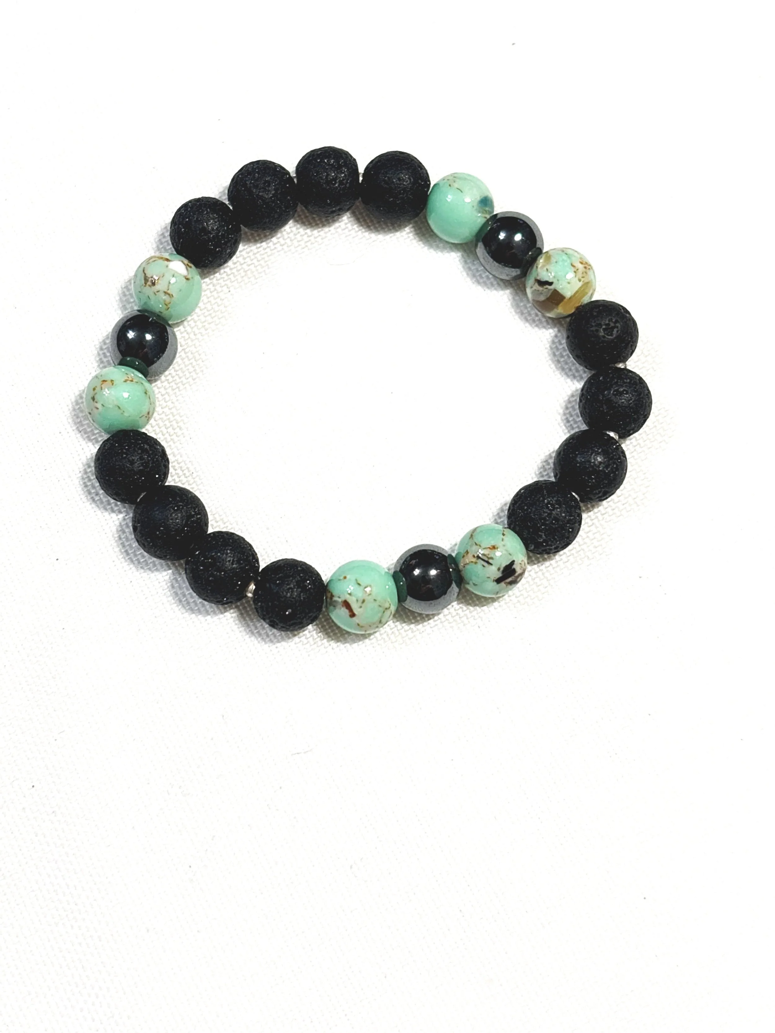 Black Lava Beads with Hematite and Gold Turquoise Stone. 8mm
