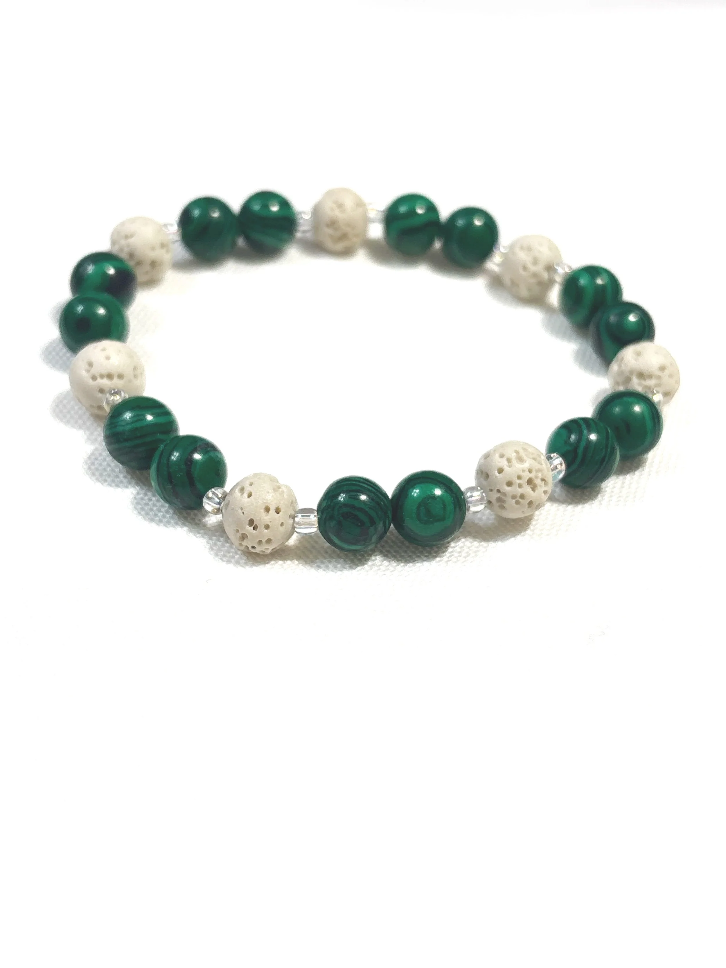 White Lava Beads with Malachite. 8mm