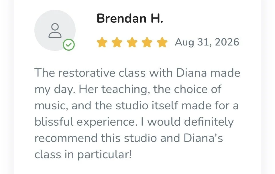 Customer review for a restorative class with Diana, giving five stars, dated August 31, 2026.