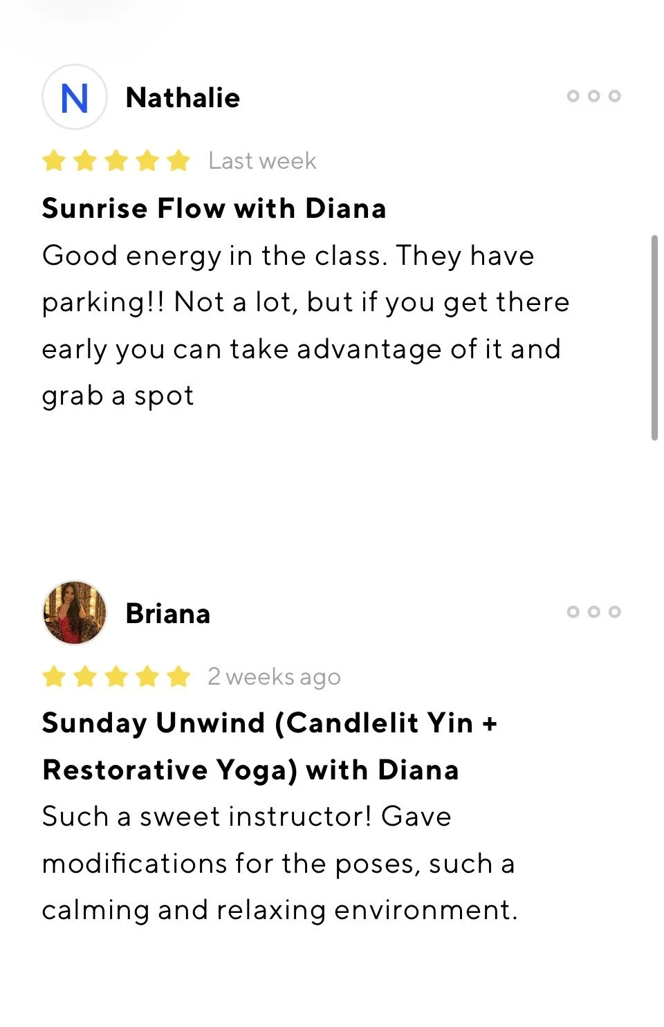 Screenshot of a review app showing two user reviews for a class led by Diana. The first review is by Nathalie, praising her for good energy and parking advice. The second review is by Briana, complimenting Diana for being a sweet instructor with calming modifications for poses.