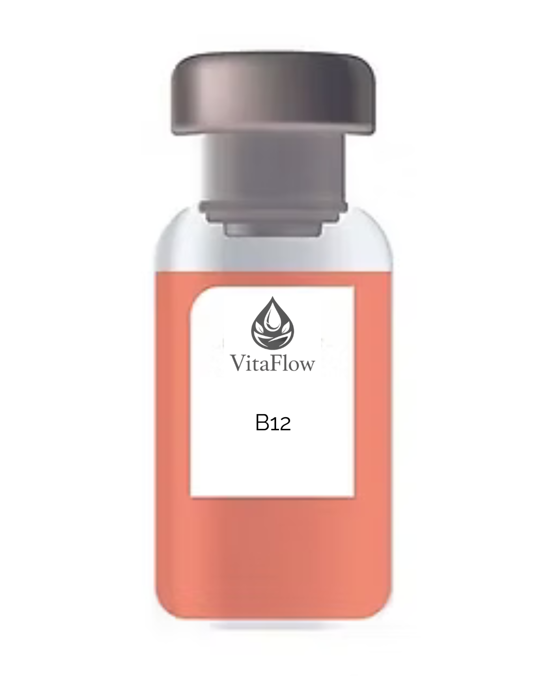 A bottle of VitaFlow B12 vitamin supplement with a gray cap and a white and coral pink label.