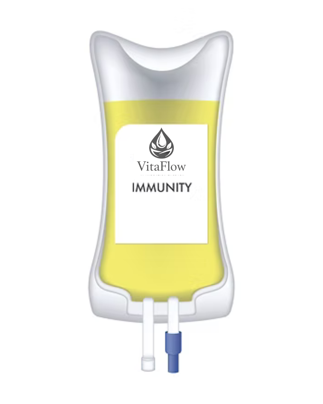 A medical IV drip bag labeled 'VitaFlow Immunity' with a yellow fluid inside.