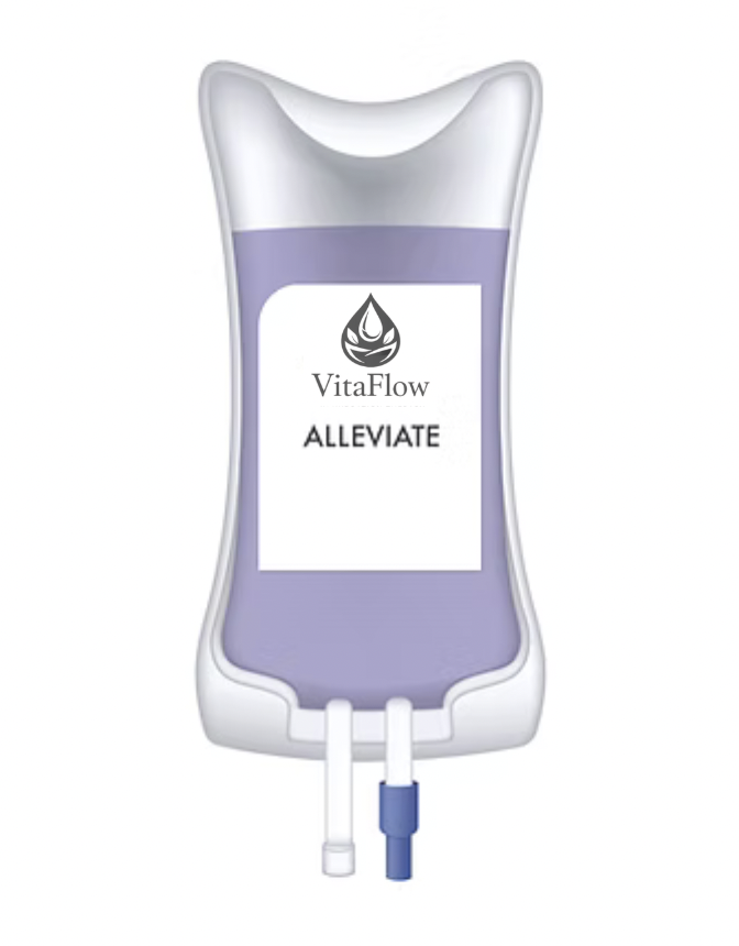 Medical IV bag labeled VitaFlow ALLEVIATE with two attached tubes.
