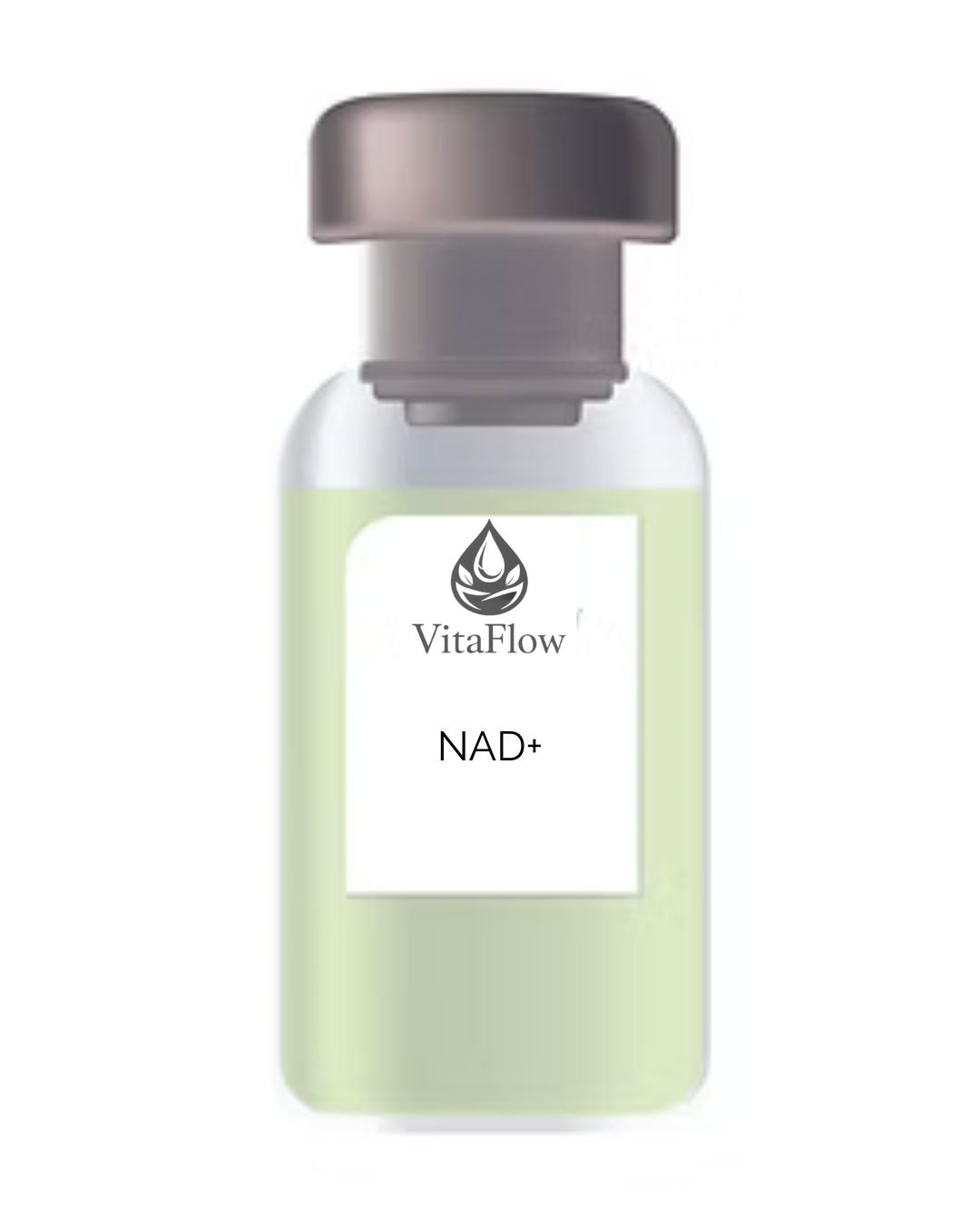 A bottle labeled 'VitaFlow NAD+' with a gray cap and a white and light green label featuring a black and white logo of a water droplet.