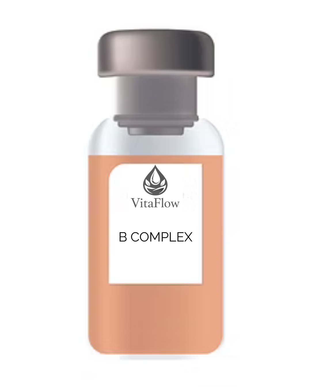 Bottle labeled 'VitaFlow B Complex' with a silver cap, white and peach-colored label.