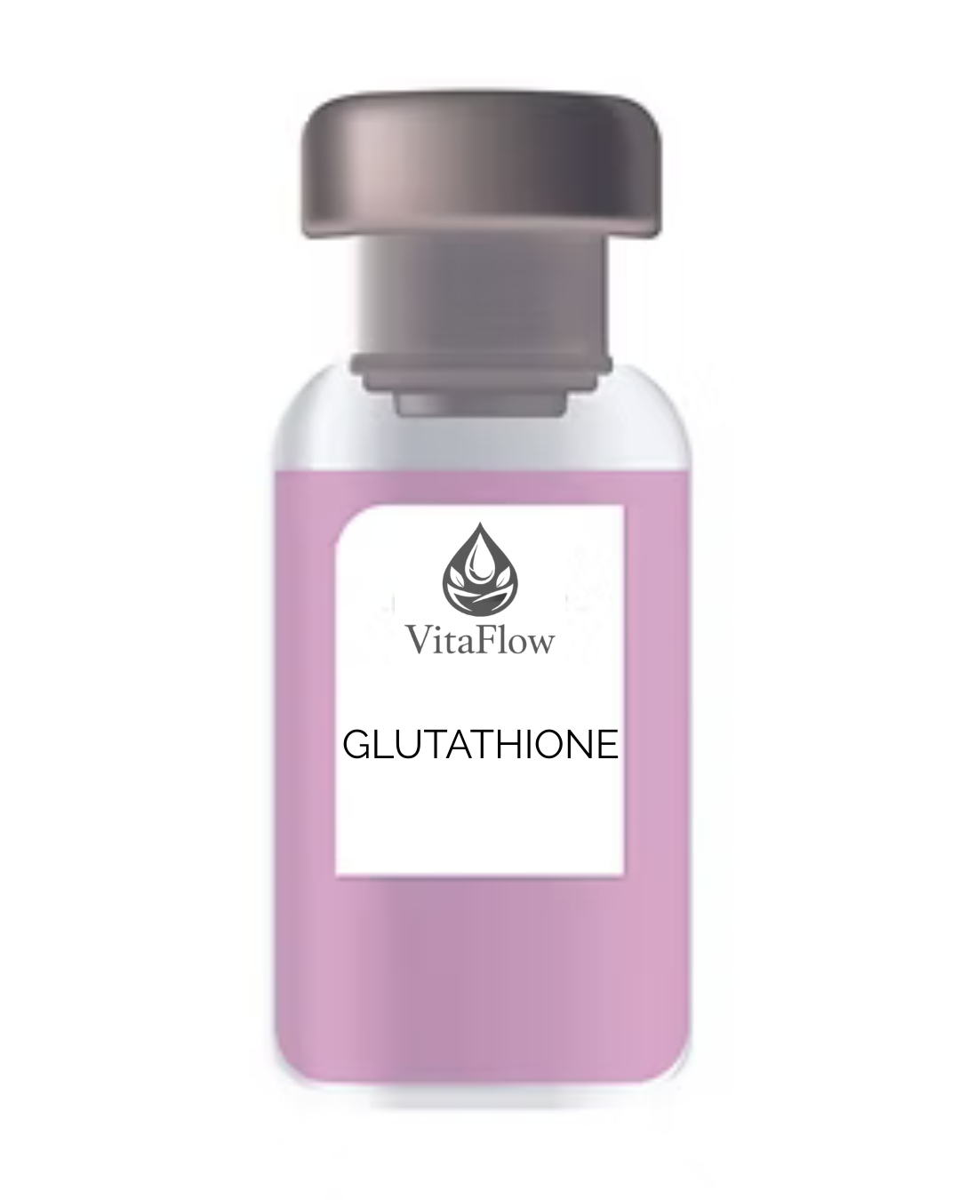 A bottle of VitaFlow Glutathione supplement with a gray cap and a purple label.