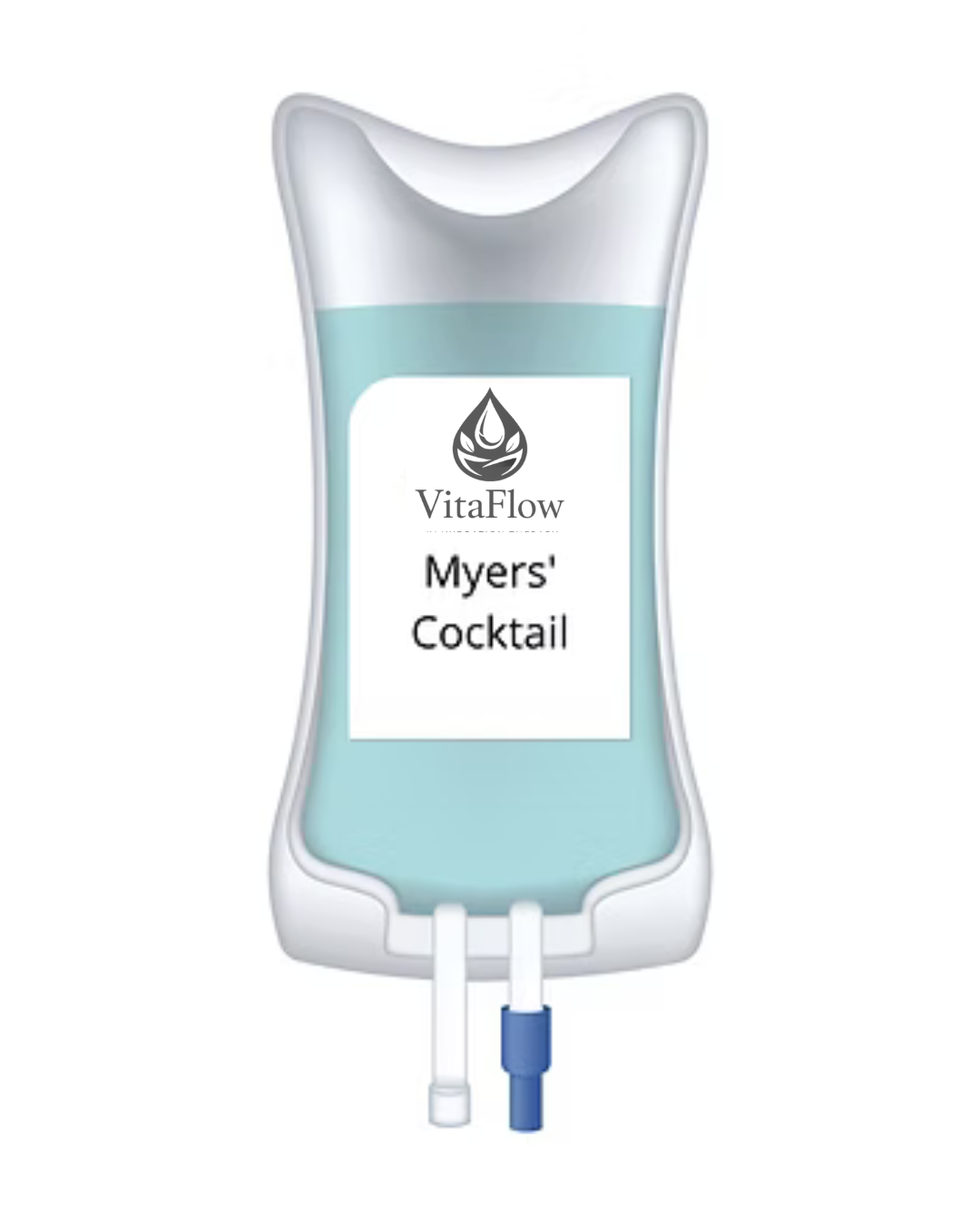 A medical IV bag labeled 'Myers' Cocktail' with a blue liquid inside and the brand 'VitaFlow' logo at the top.